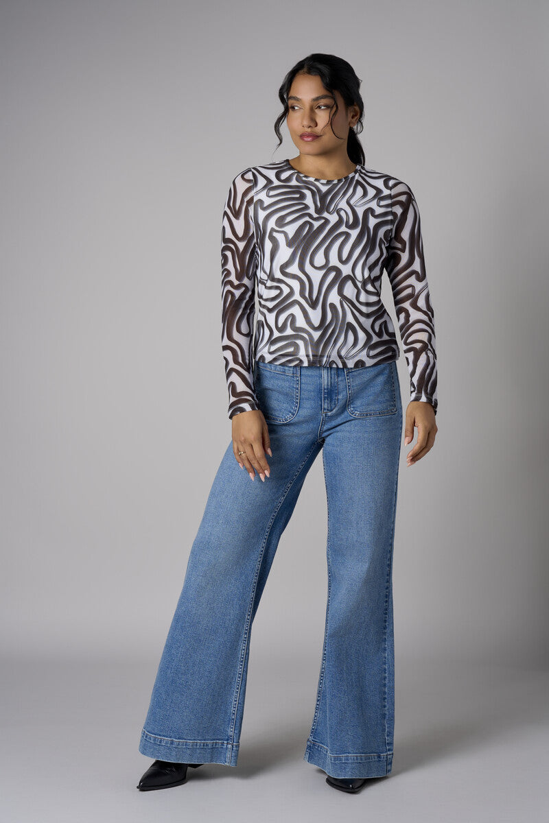 Ivory and Black Abstract Print Crew Neck Long Sleeve Top