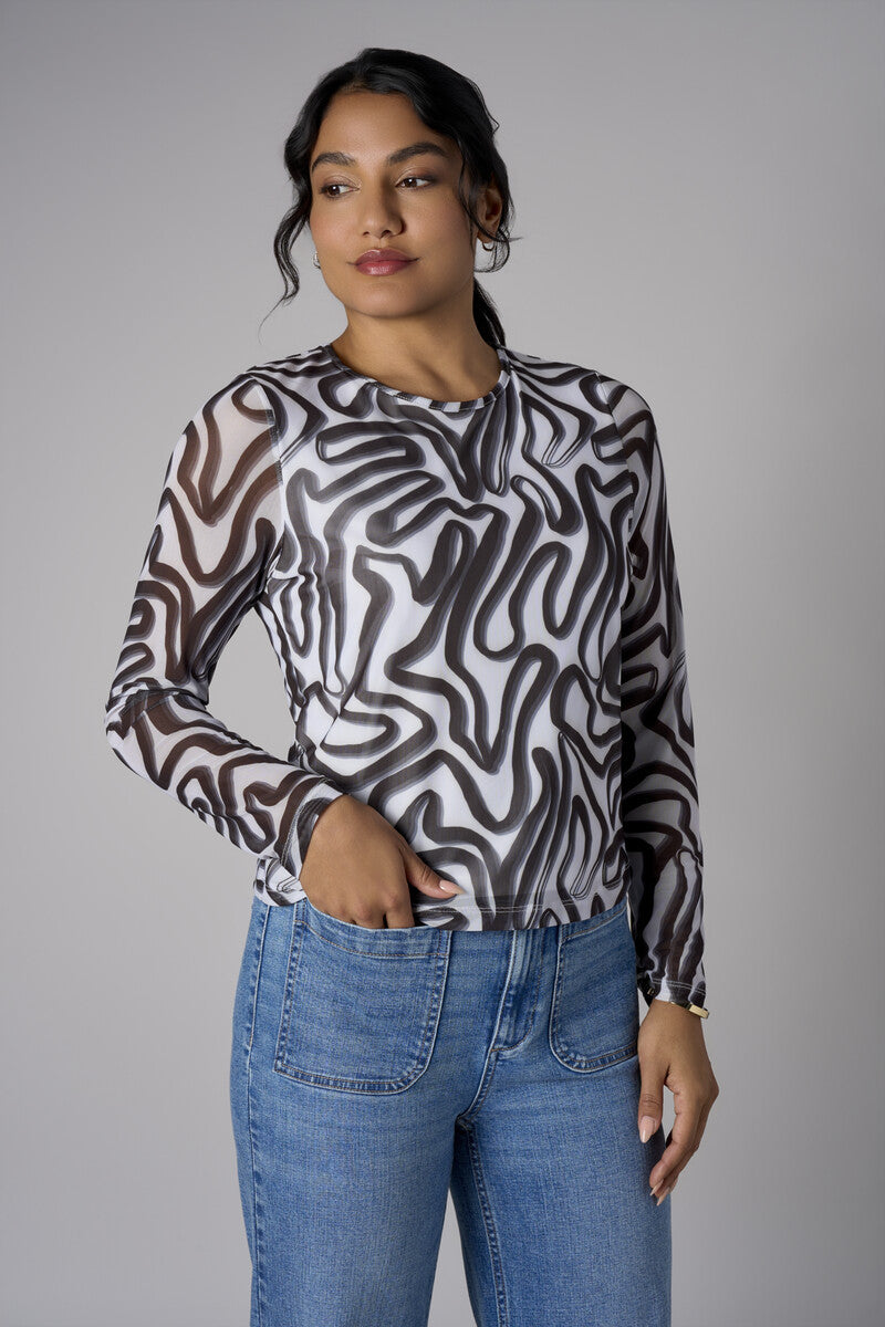 Ivory and Black Abstract Print Crew Neck Long Sleeve Top