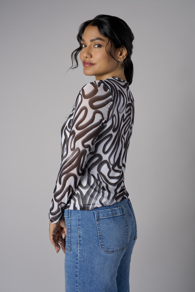 Ivory and Black Abstract Print Crew Neck Long Sleeve Top