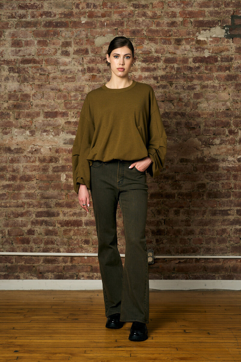 Olive shirred hem long sleeve sweatshirt