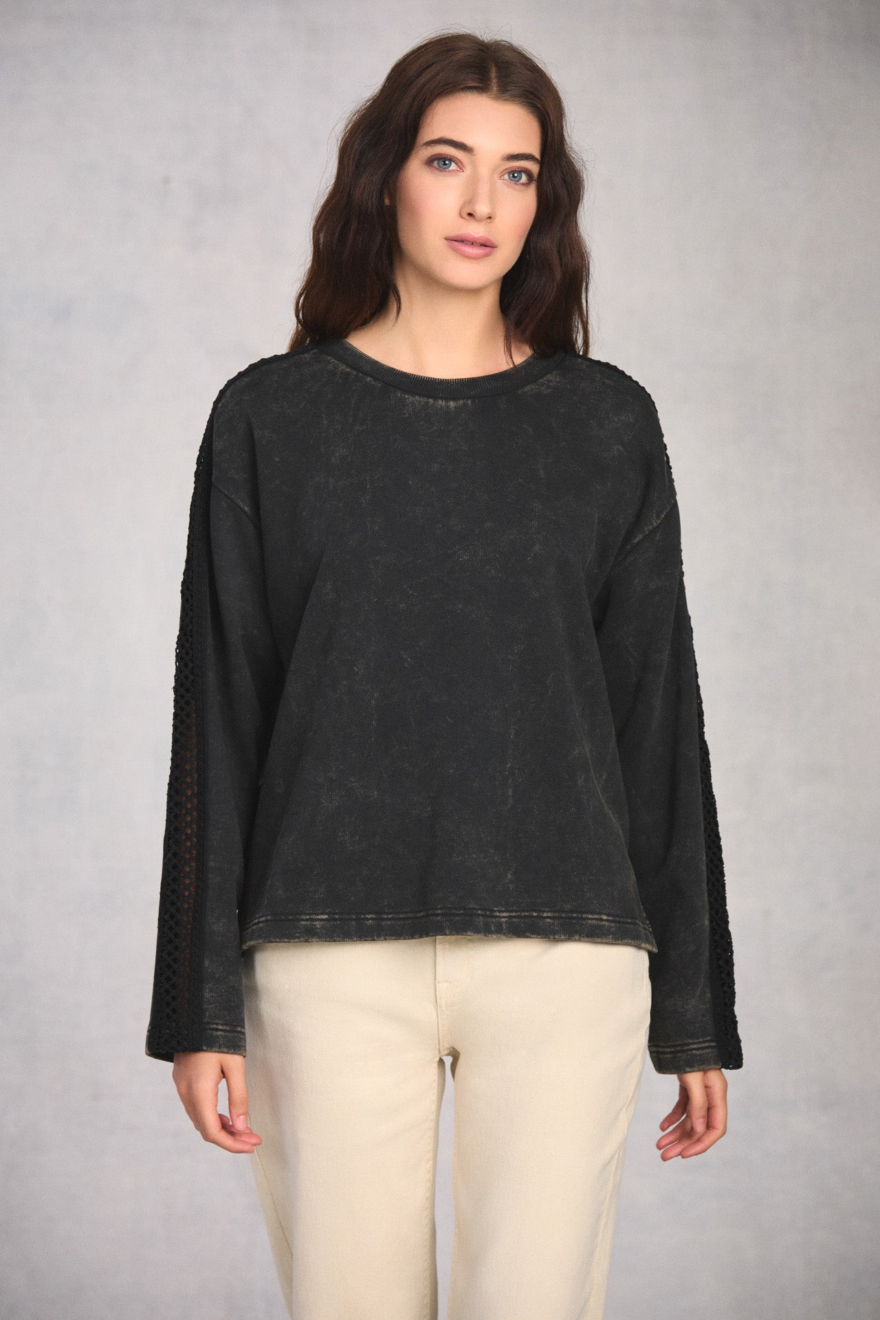 Black Crochet Sleeve Sweatshirt
