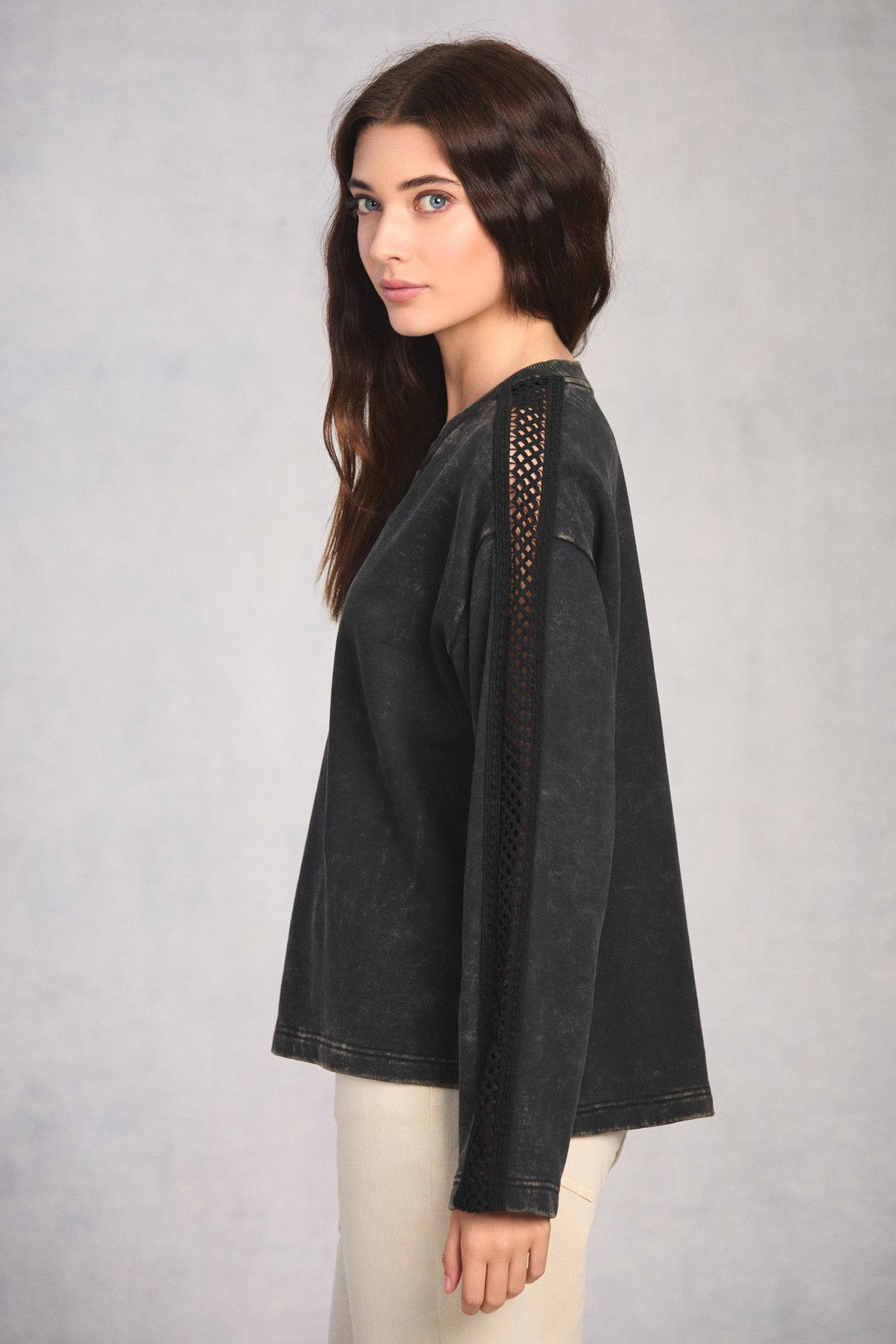 Black Crochet Sleeve Sweatshirt
