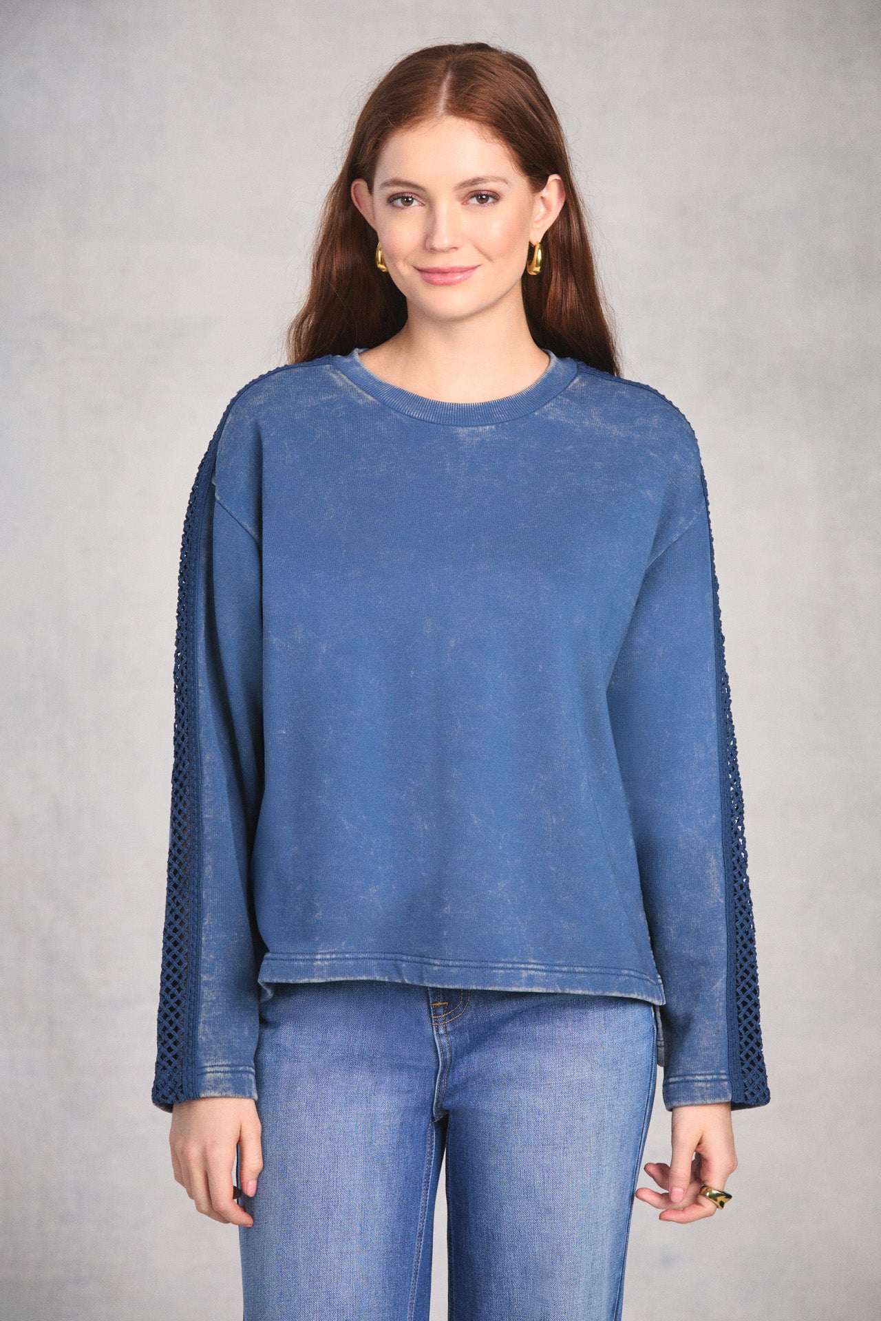 Cadet Blue Crochet Sleeve Sweatshirt
