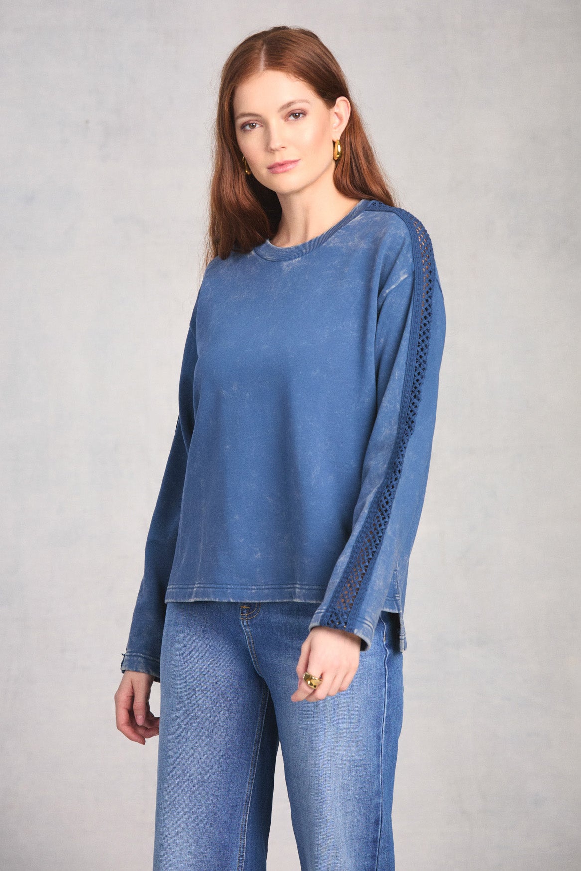 Cadet Blue Crochet Sleeve Sweatshirt
