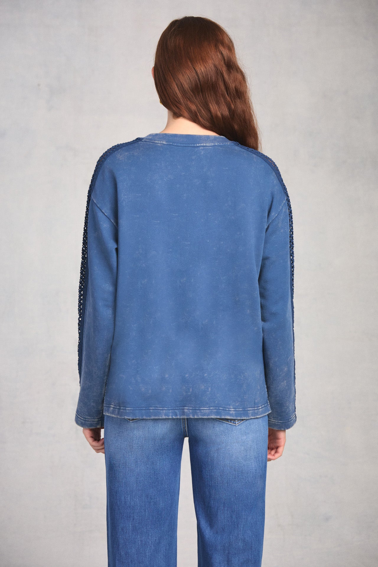 Cadet Blue Crochet Sleeve Sweatshirt
