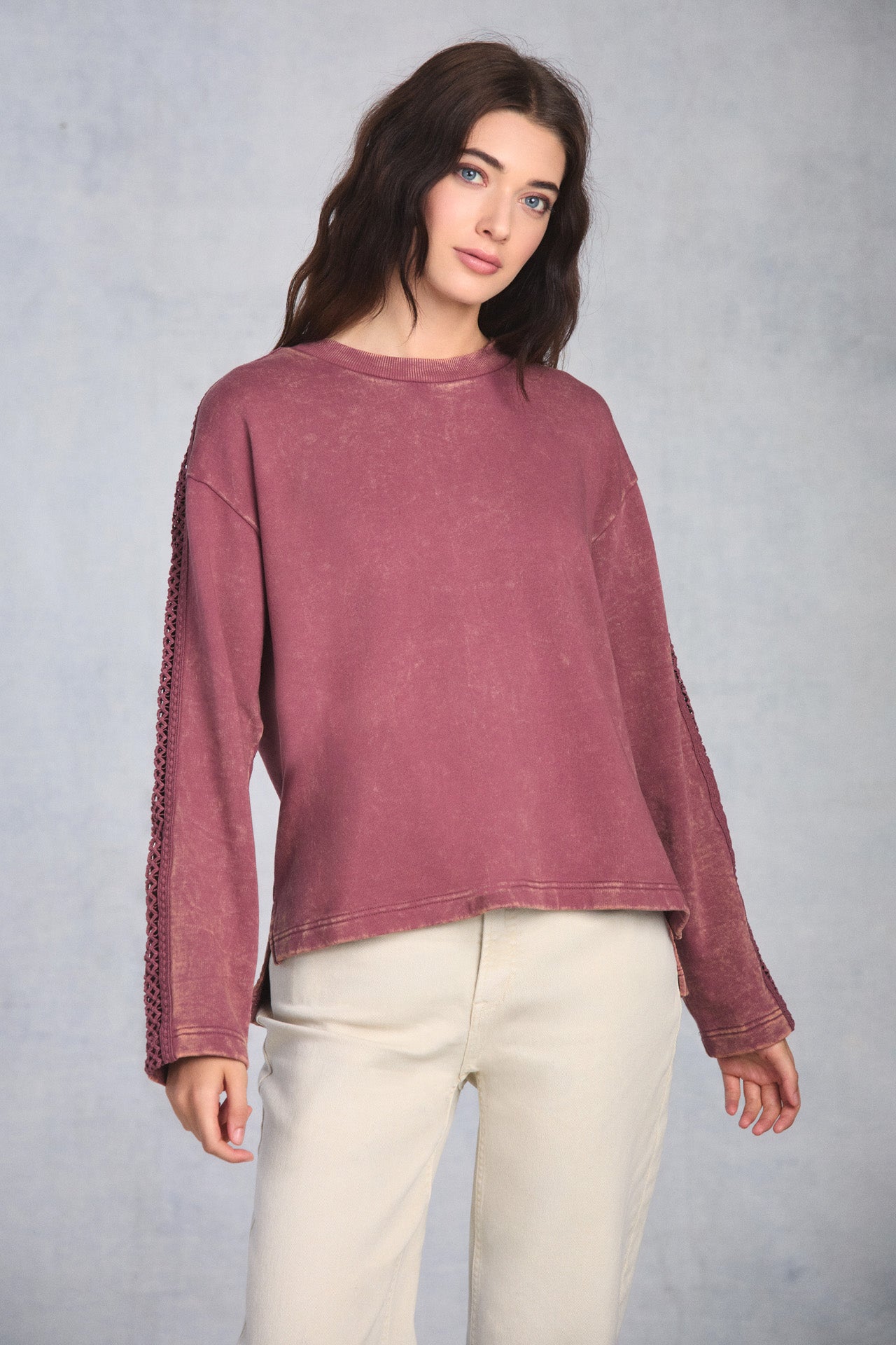 Dusty Rose Crochet Sleeve Sweatshirt