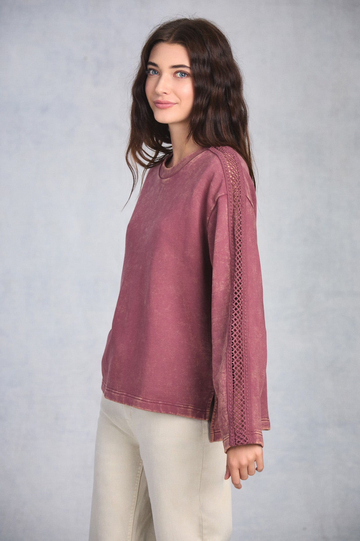 Dusty Rose Crochet Sleeve Sweatshirt