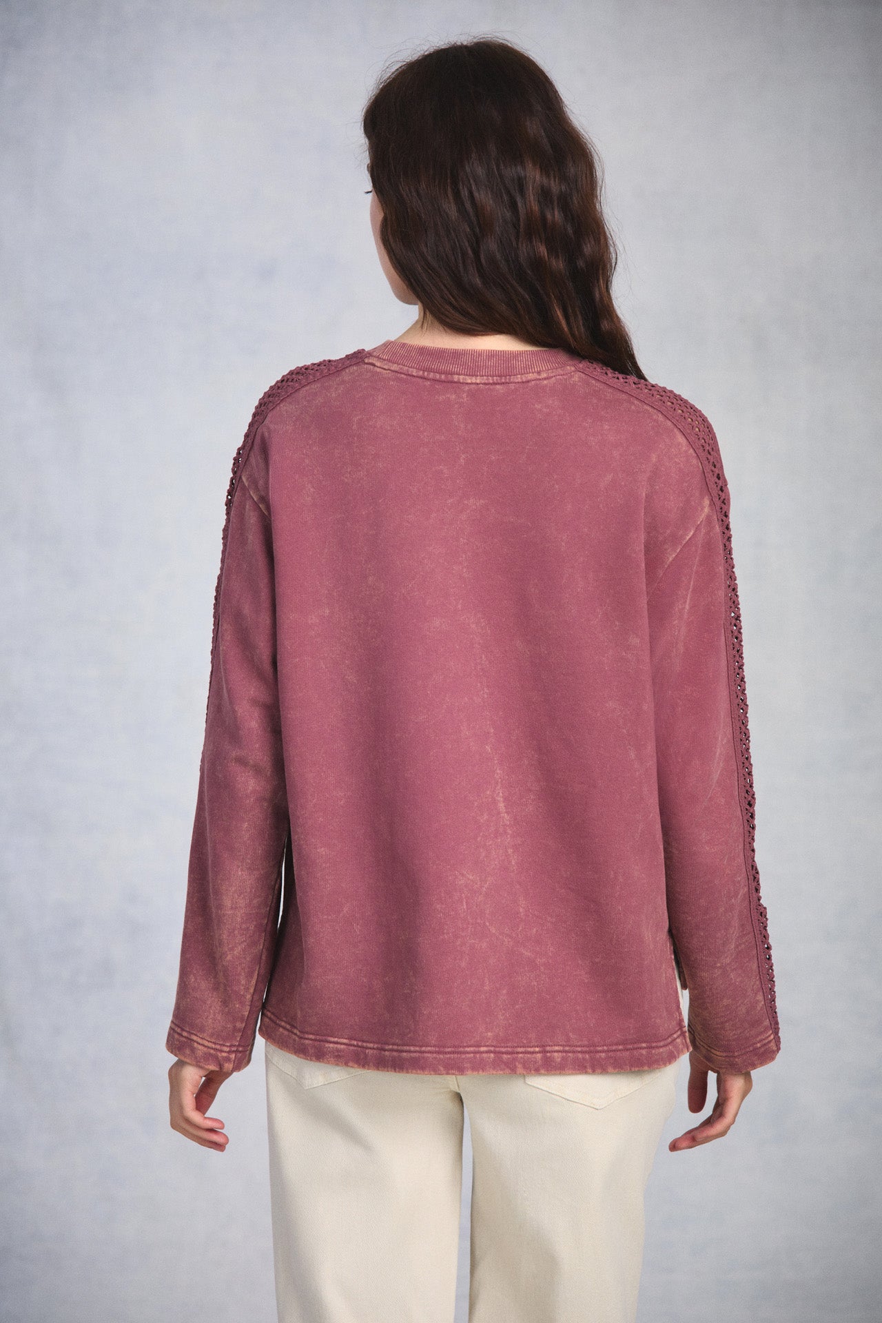 Dusty Rose Crochet Sleeve Sweatshirt