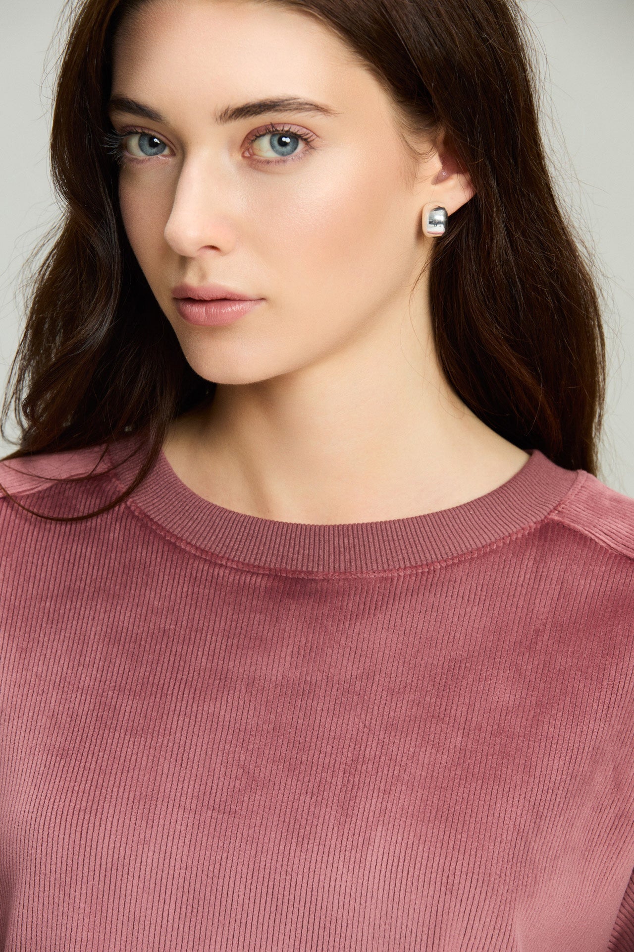 Dusty Rose Knit Cord Hi-Low Hem Sweatshirt
