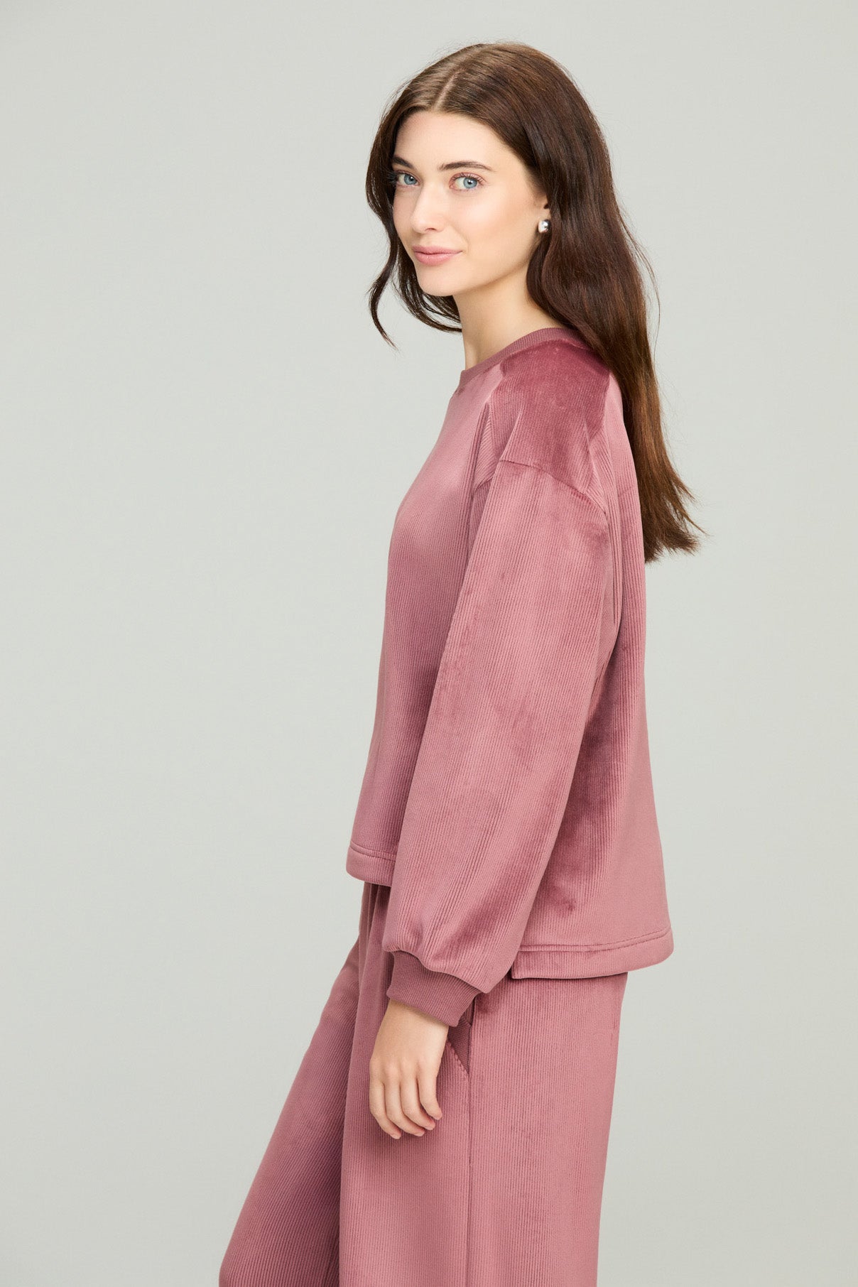 Dusty Rose Knit Cord Hi-Low Hem Sweatshirt
