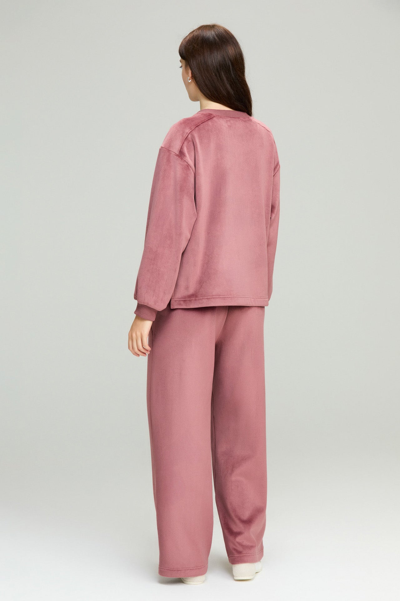 Dusty Rose Knit Cord Hi-Low Hem Sweatshirt
