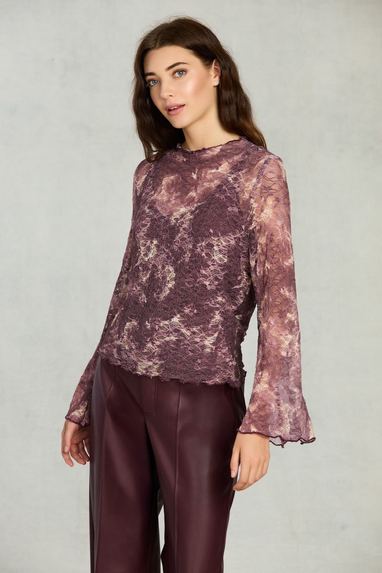 Plum Champagne Long Sleeve Lace Top