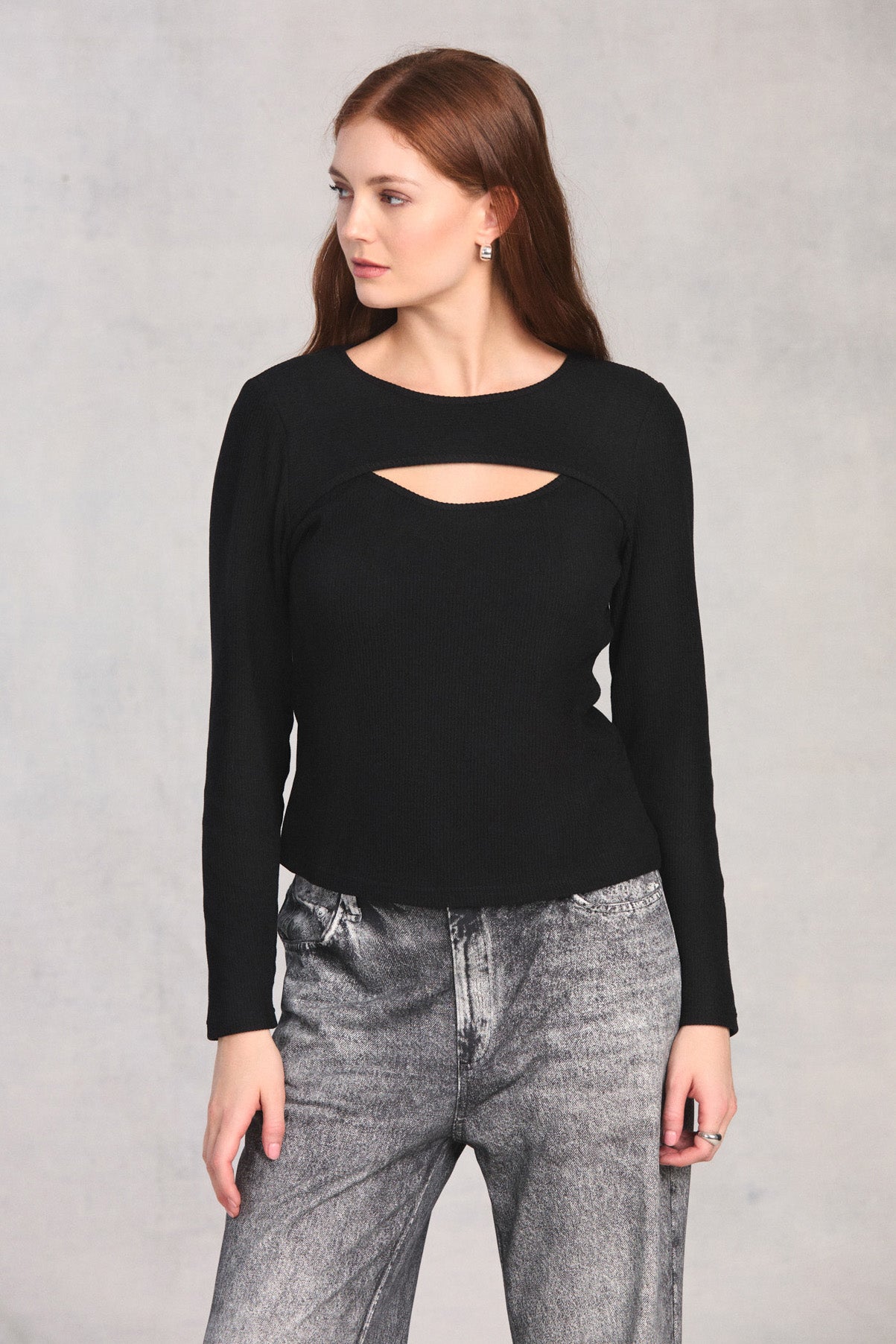 Black Long Sleeve Keyhole Top