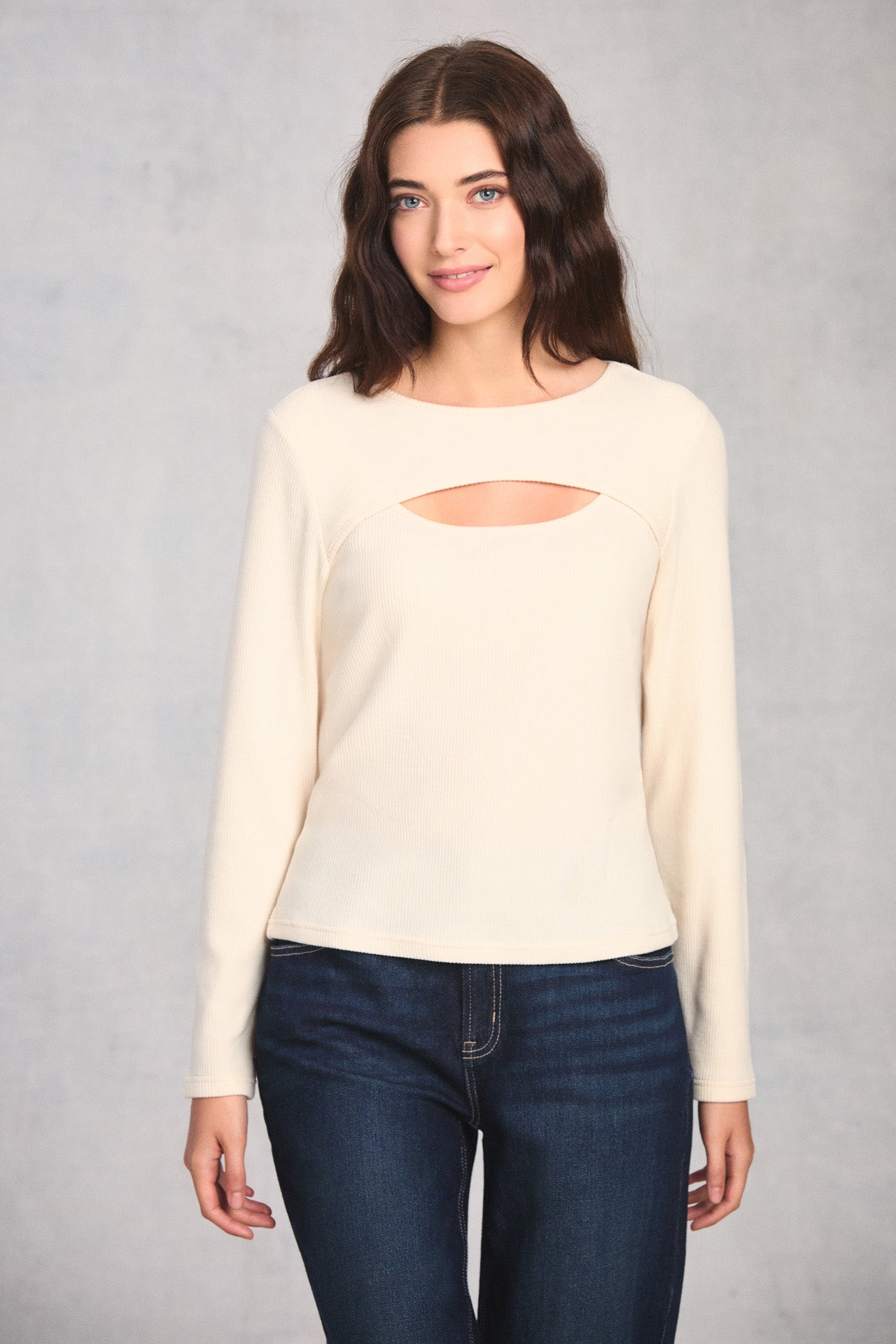 Cream Long Sleeve Keyhole Top
