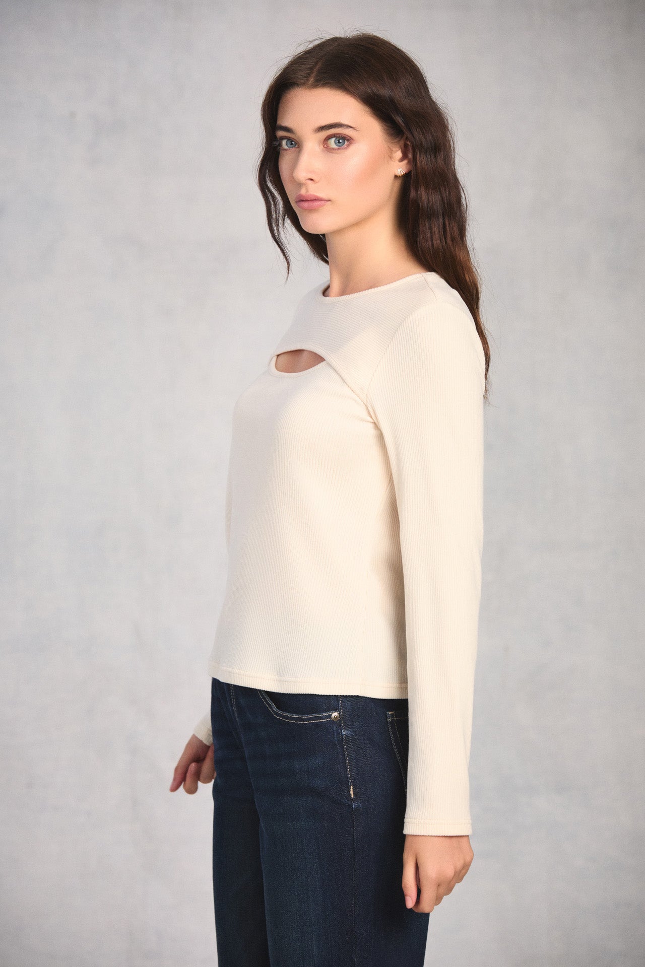 Cream Long Sleeve Keyhole Top
