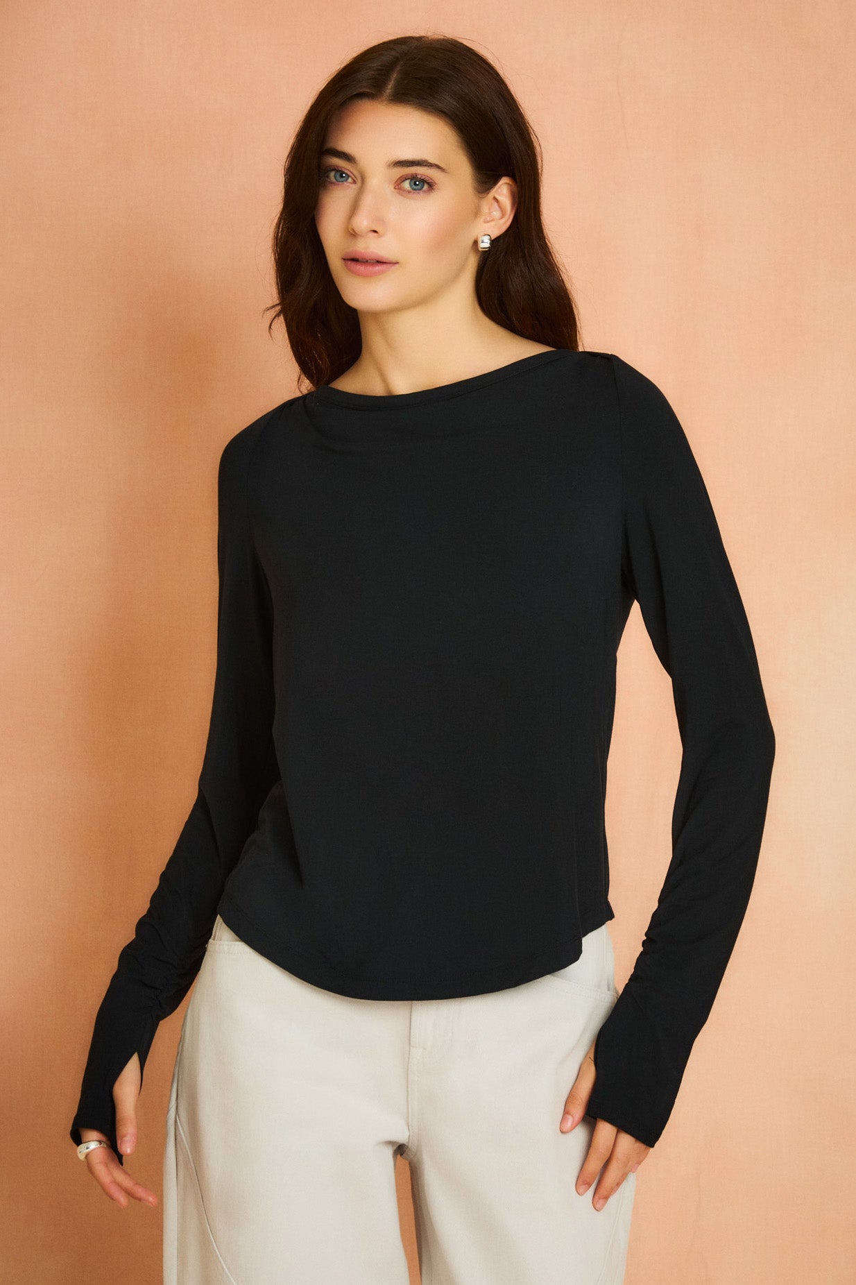 Black Long Sleeve Boat Neck Top
