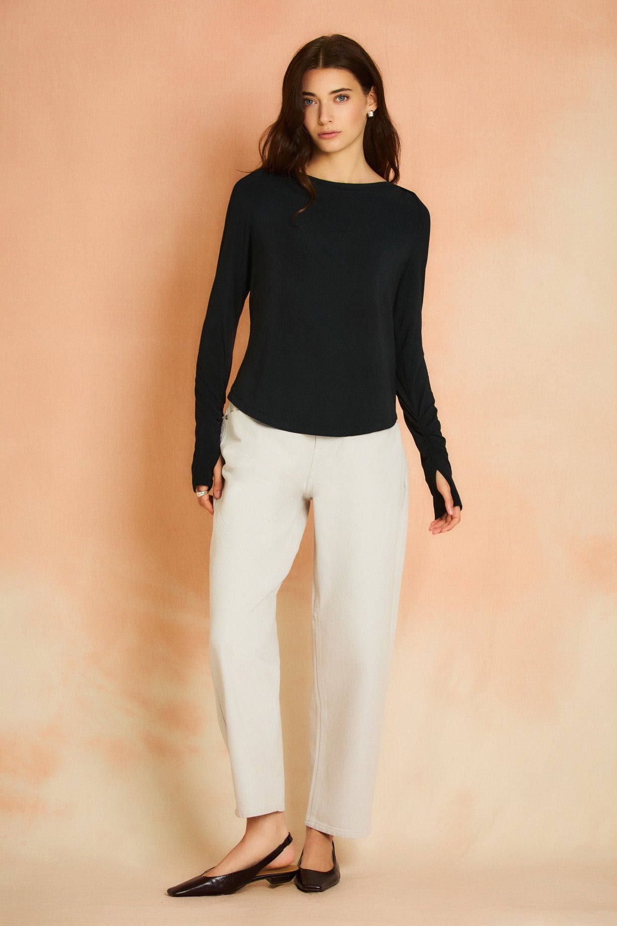 Black Long Sleeve Boat Neck Top
