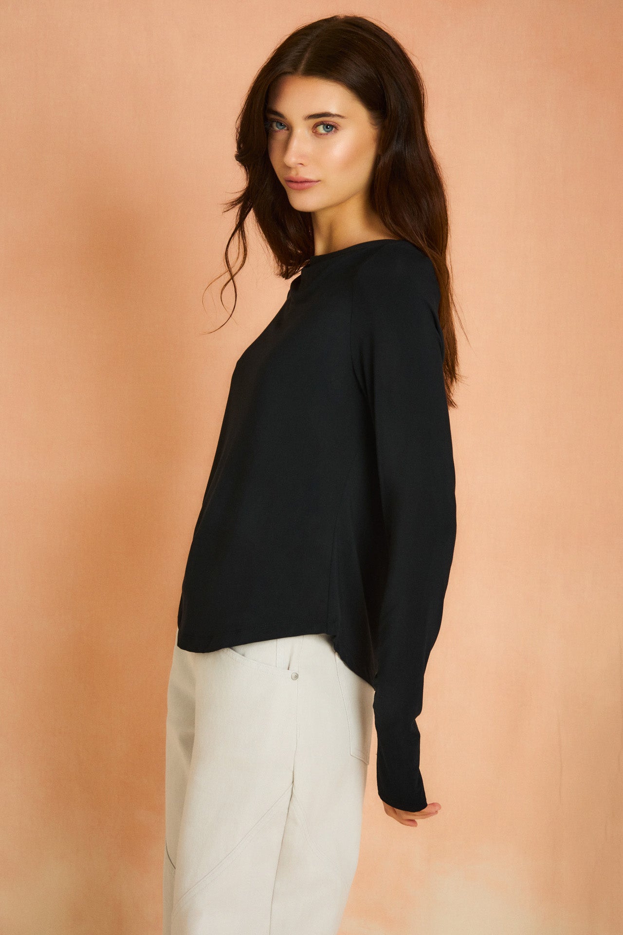 Black Long Sleeve Boat Neck Top
