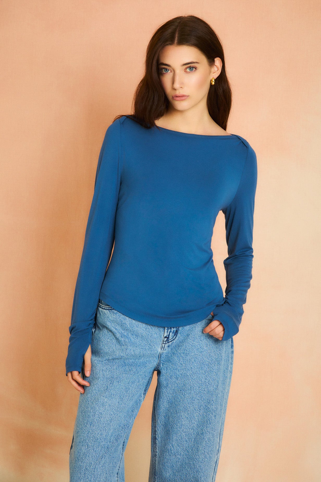 Cadet Blue Long Sleeve Boat Neck Top
