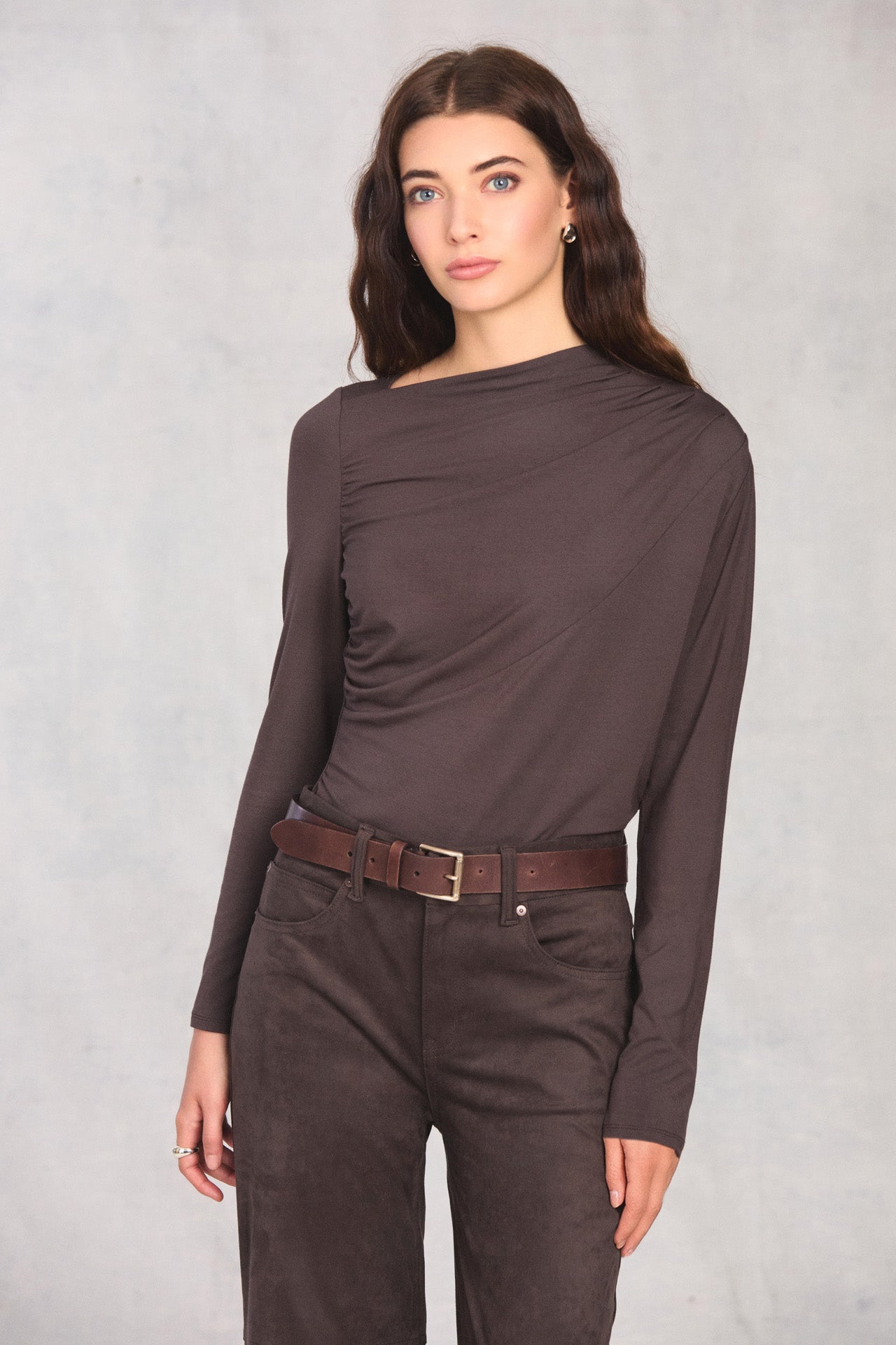 Coffee Long Sleeve Boat Neck Top
