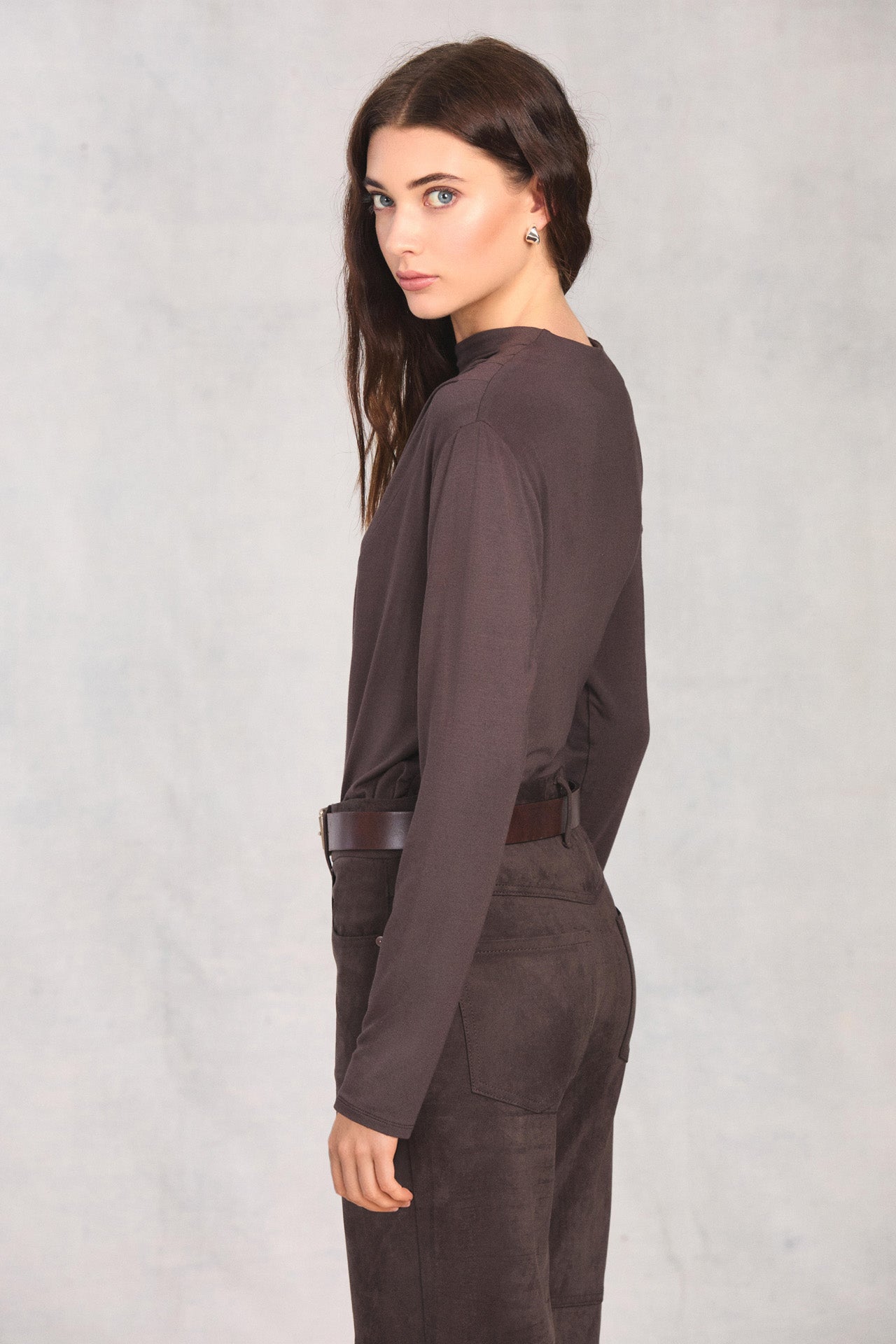 Coffee Long Sleeve Boat Neck Top
