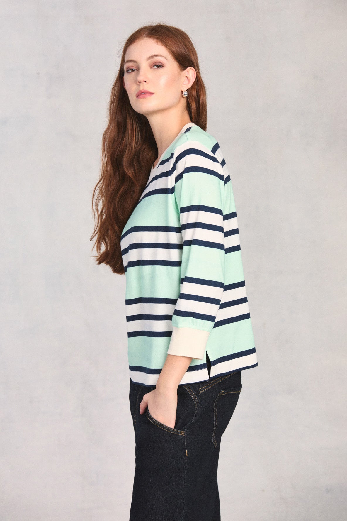 Mint 3/4 Sleeve Striped Knit Top
