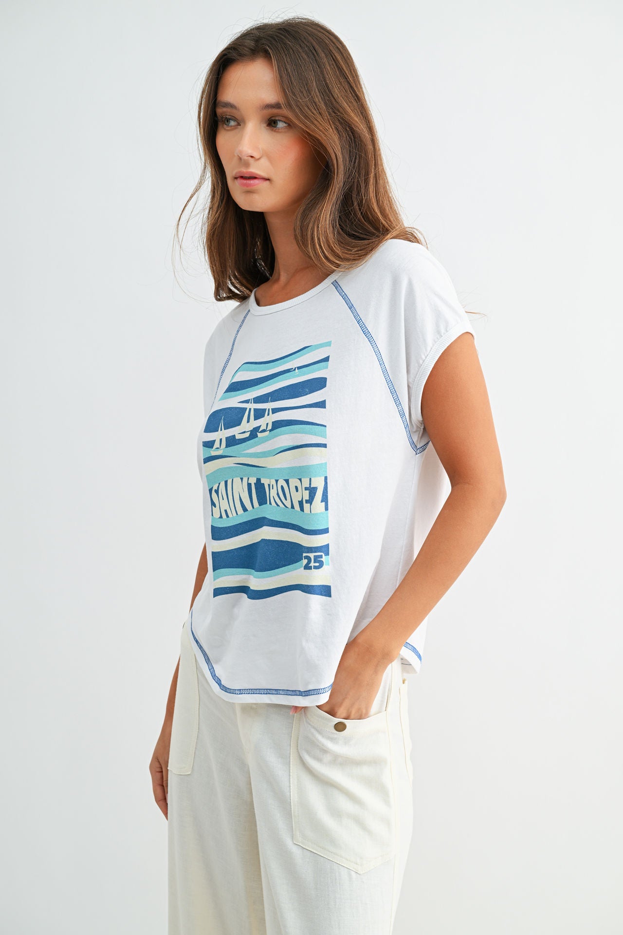 White Raglan Sleeve Graphic Tee