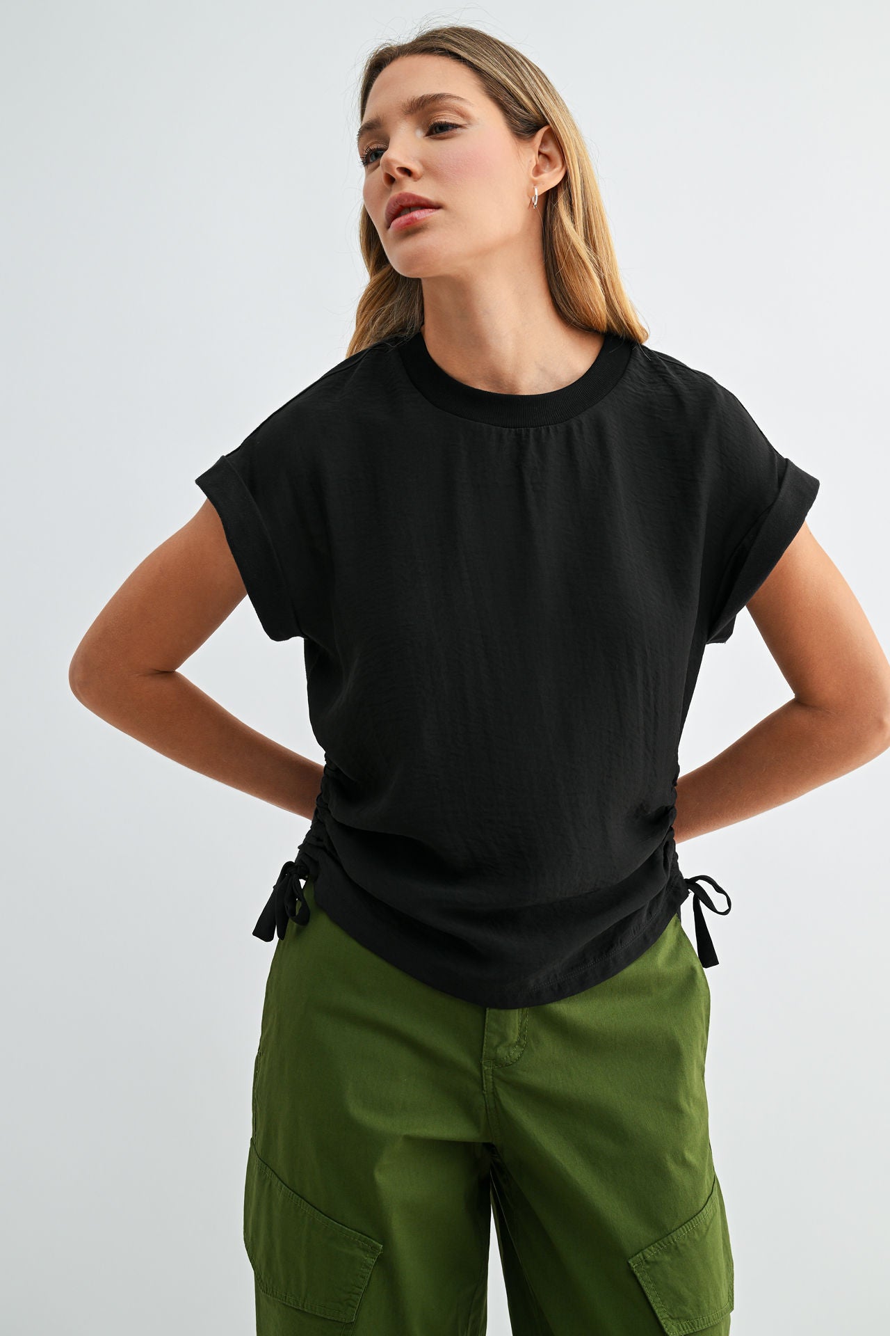 Black Cropped Drawstring Tee
