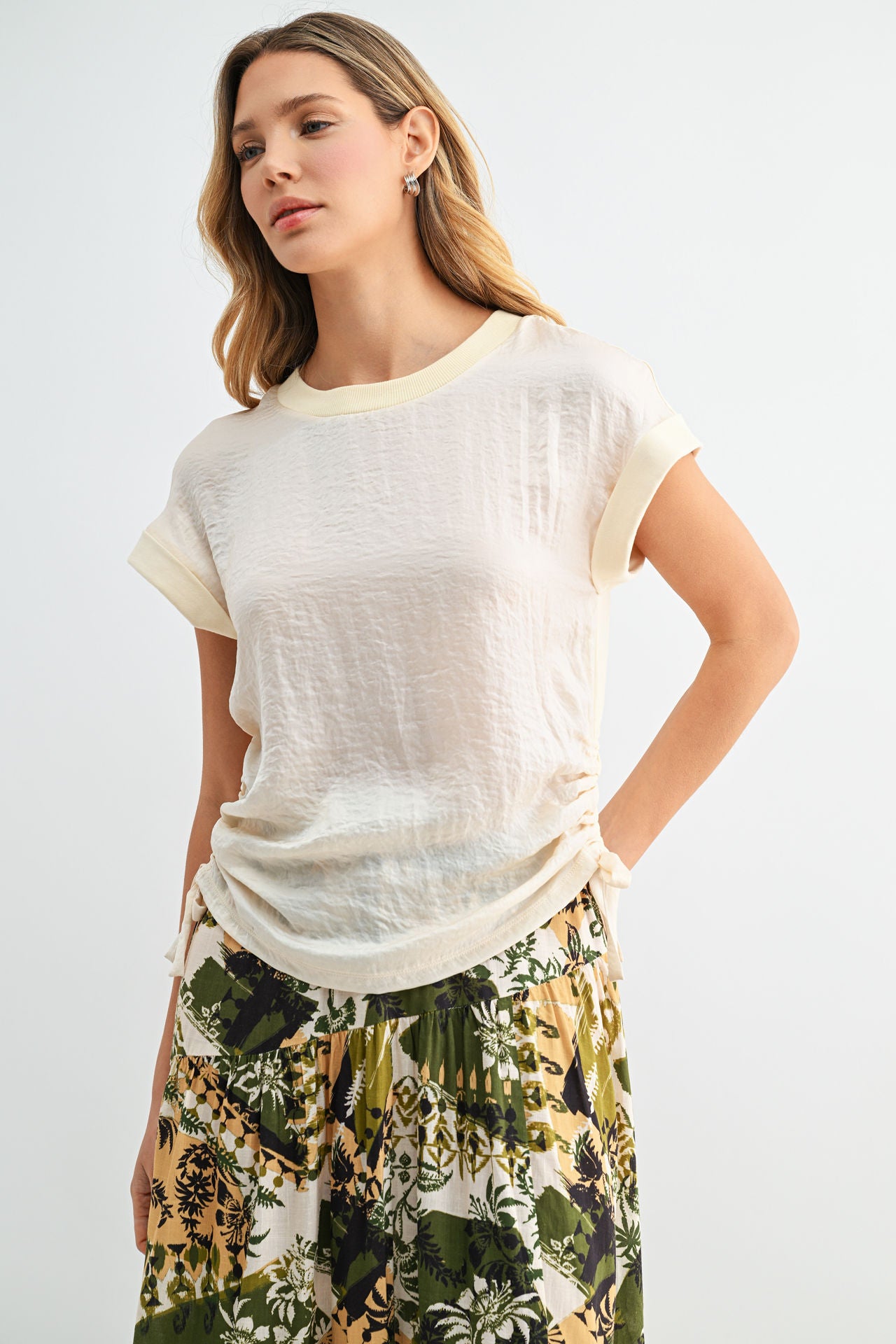 Cream Cropped Drawstring Tee