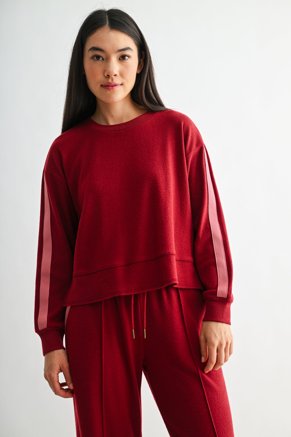 Burgundy Petite Long Sleeve Track Sweatshirt