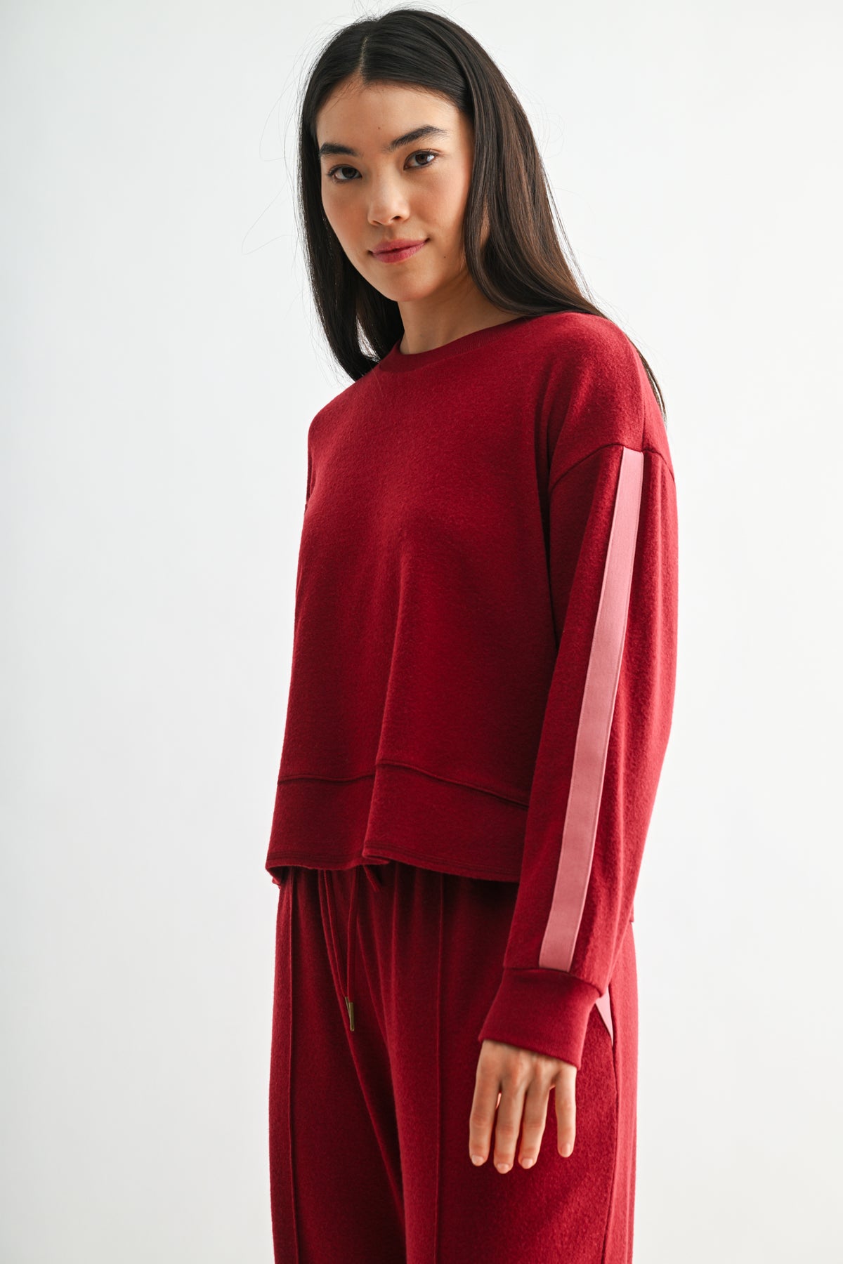 Burgundy Petite Long Sleeve Track Sweatshirt