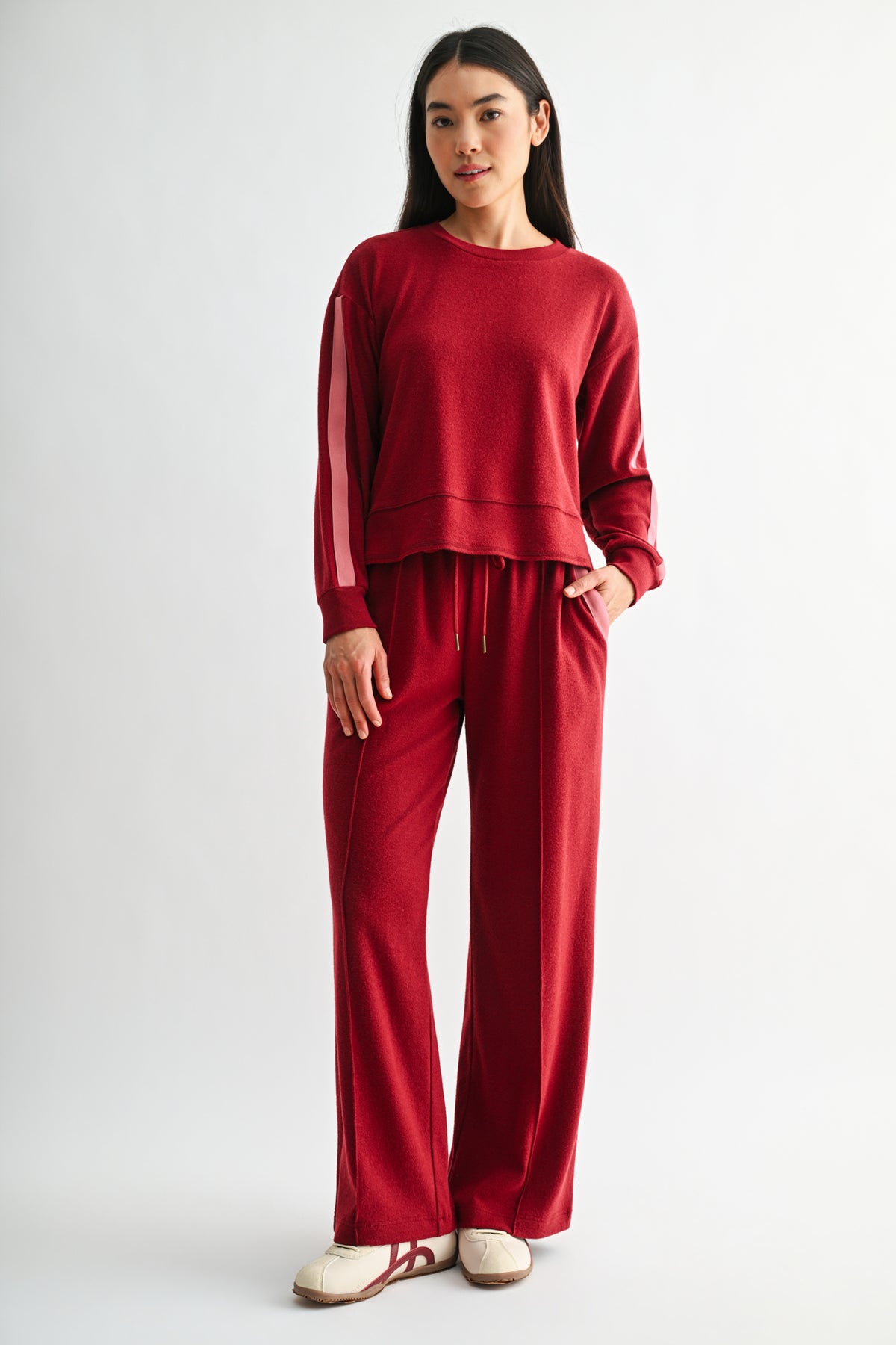 Burgundy Petite Long Sleeve Track Sweatshirt