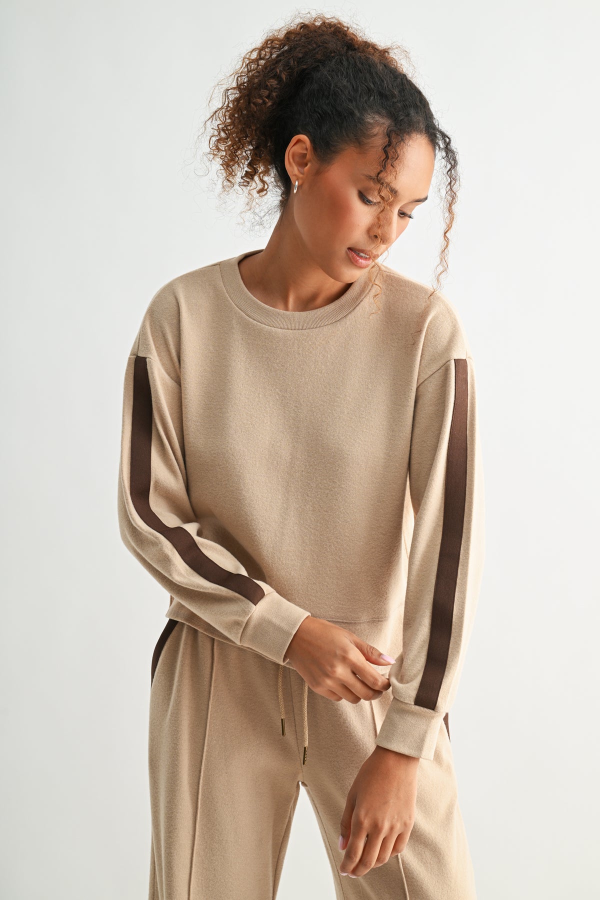 Tan Petite Long Sleeve Track Sweatshirt