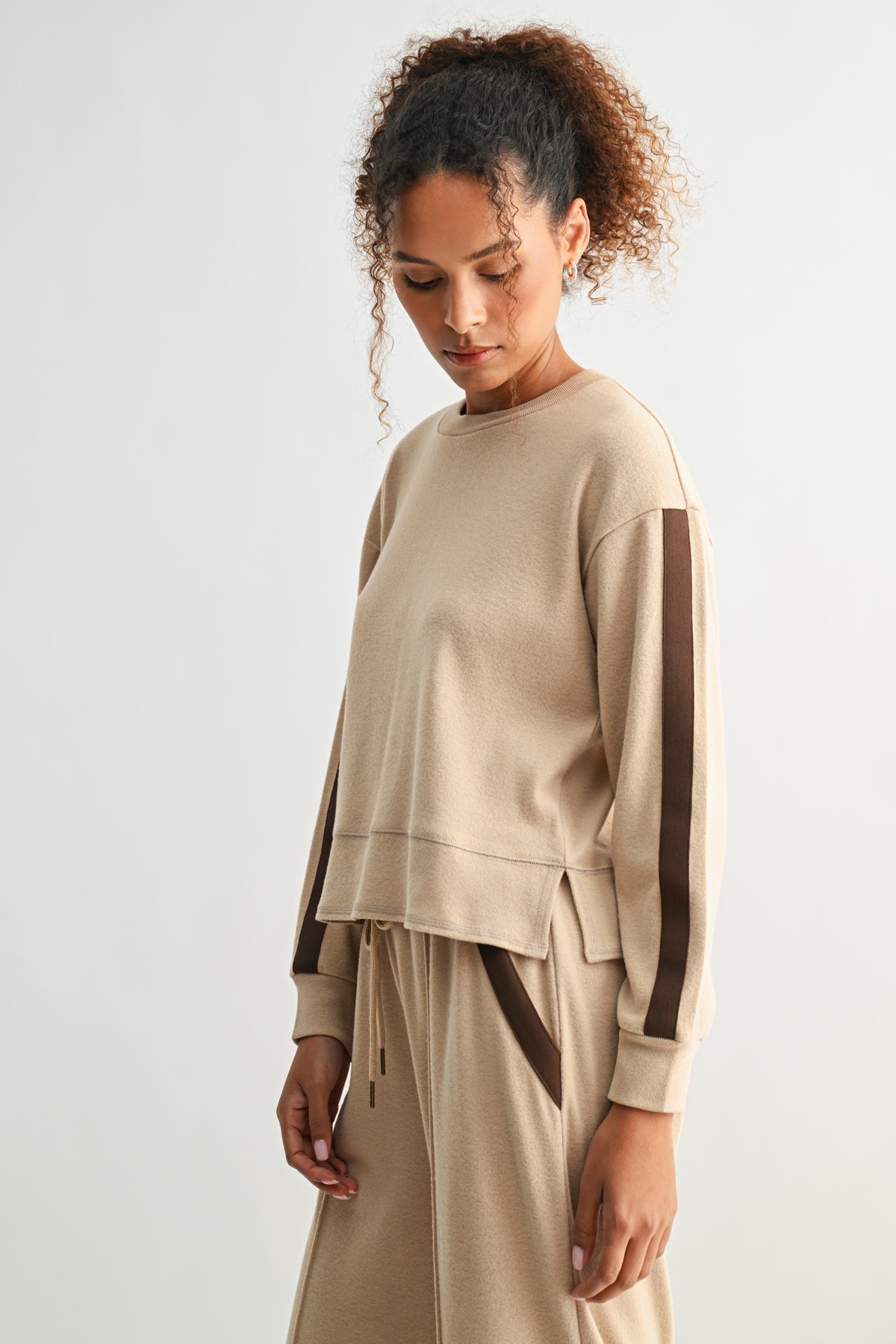 Tan Petite Long Sleeve Track Sweatshirt