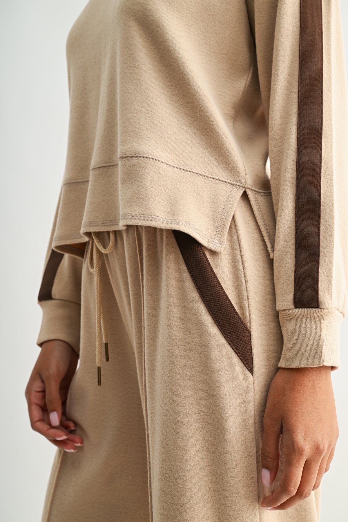 Tan Petite Long Sleeve Track Sweatshirt