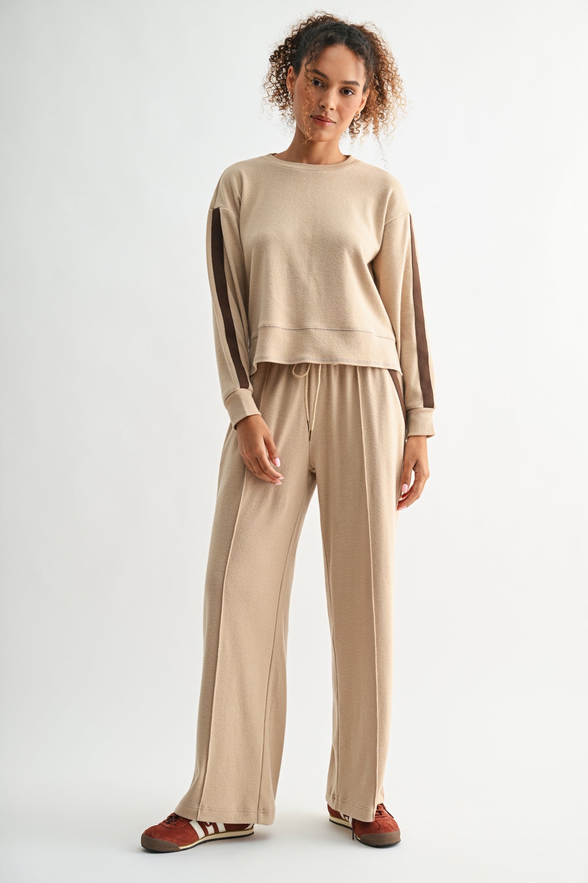 Tan Petite Long Sleeve Track Sweatshirt