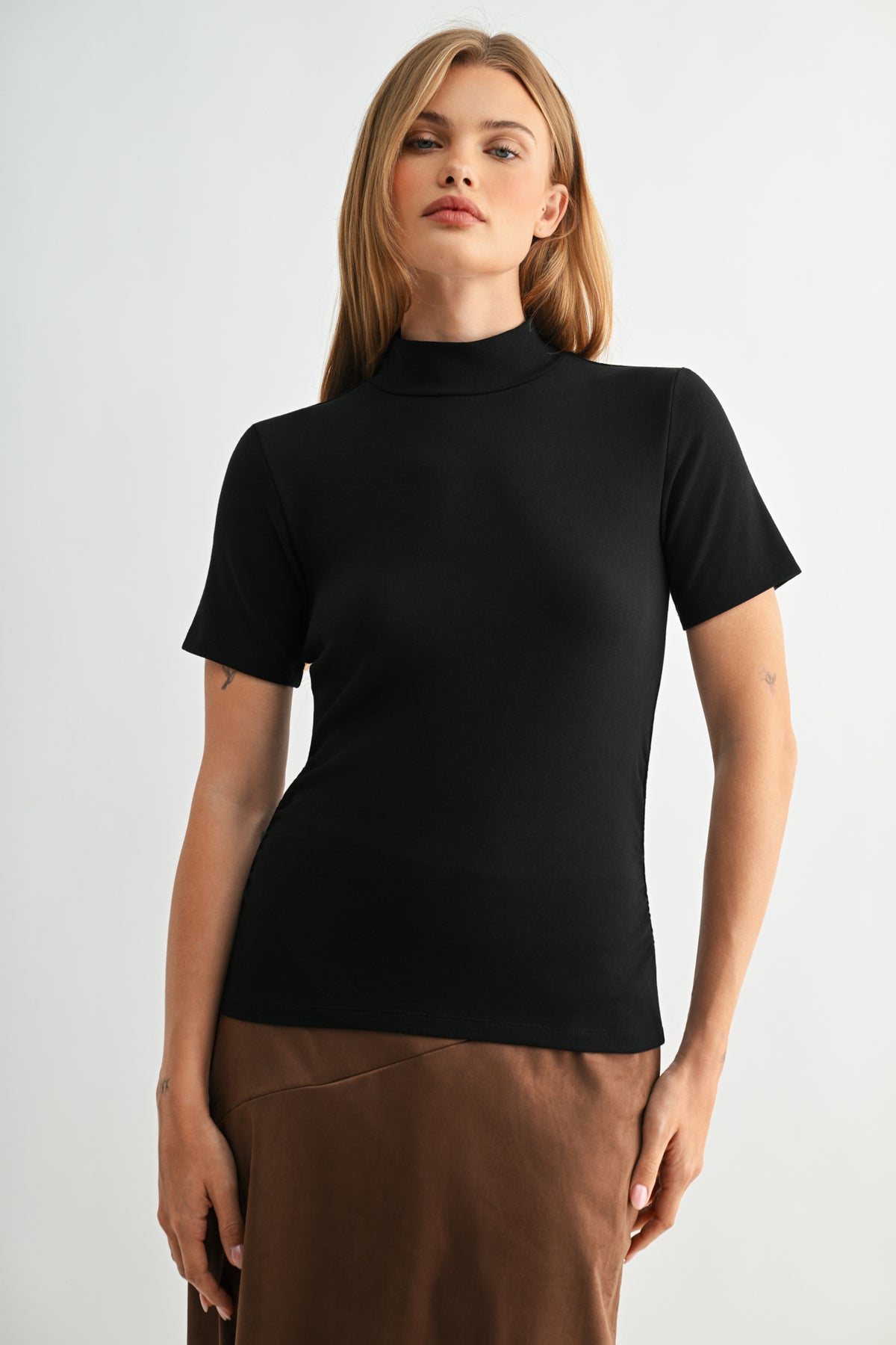Black Petite Short Sleeve Mock Neck Top
