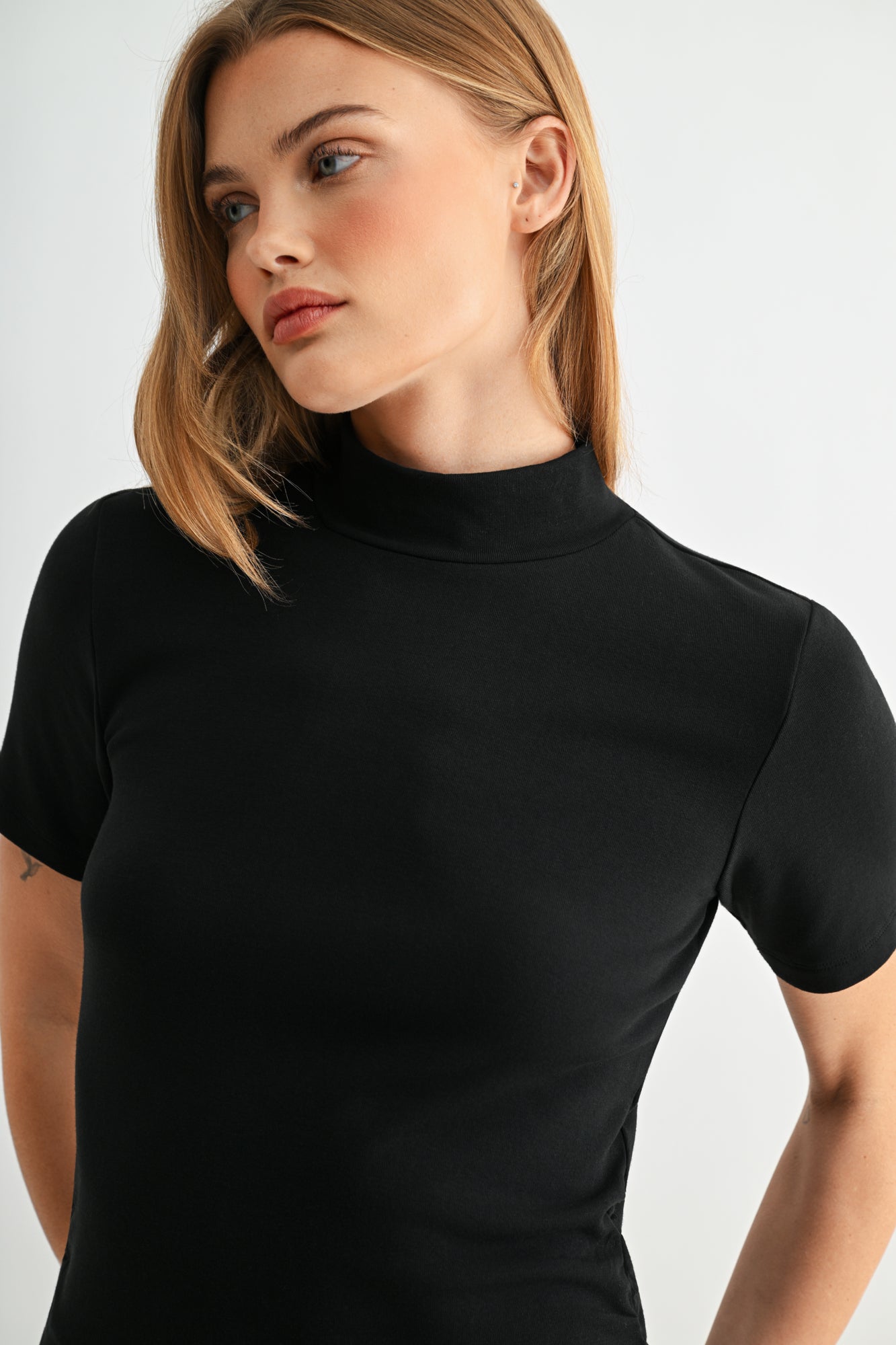 Black Short Sleeve Mock Neck Top