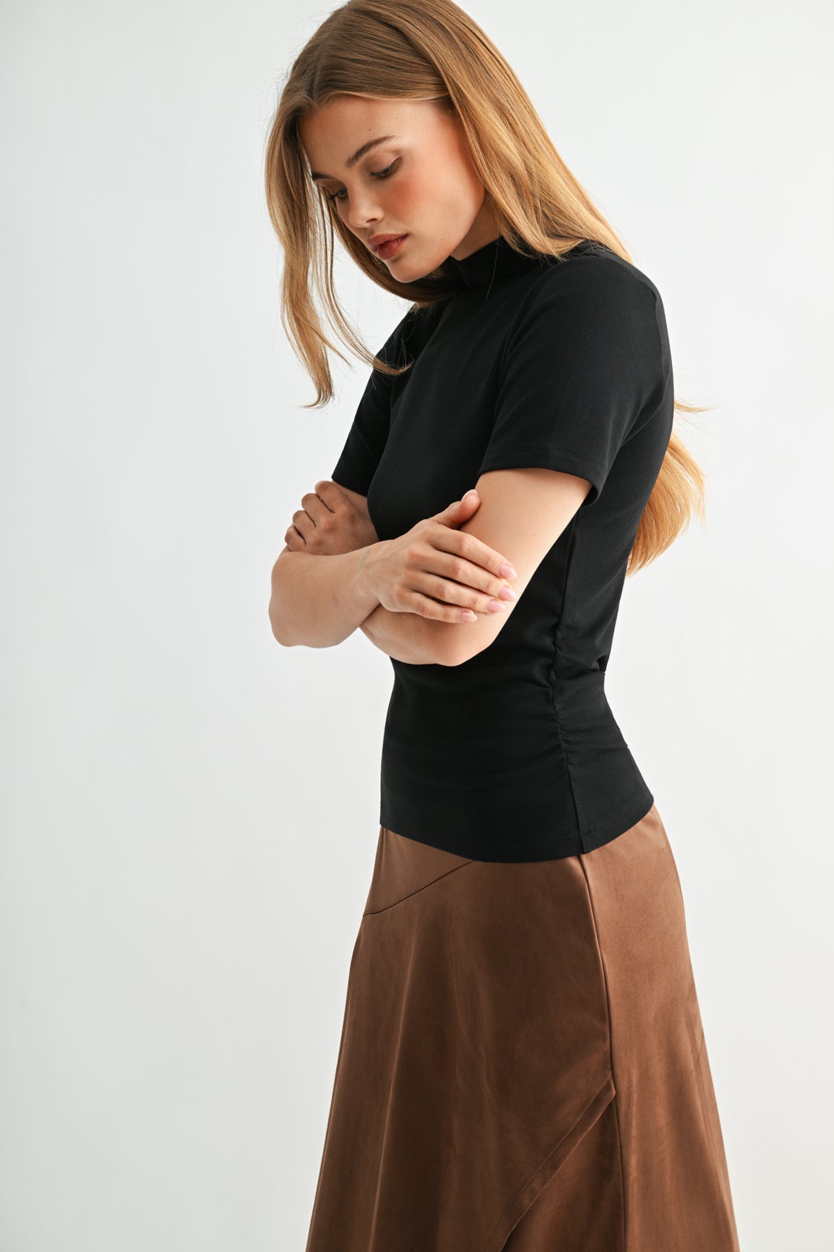 Black Petite Short Sleeve Mock Neck Top