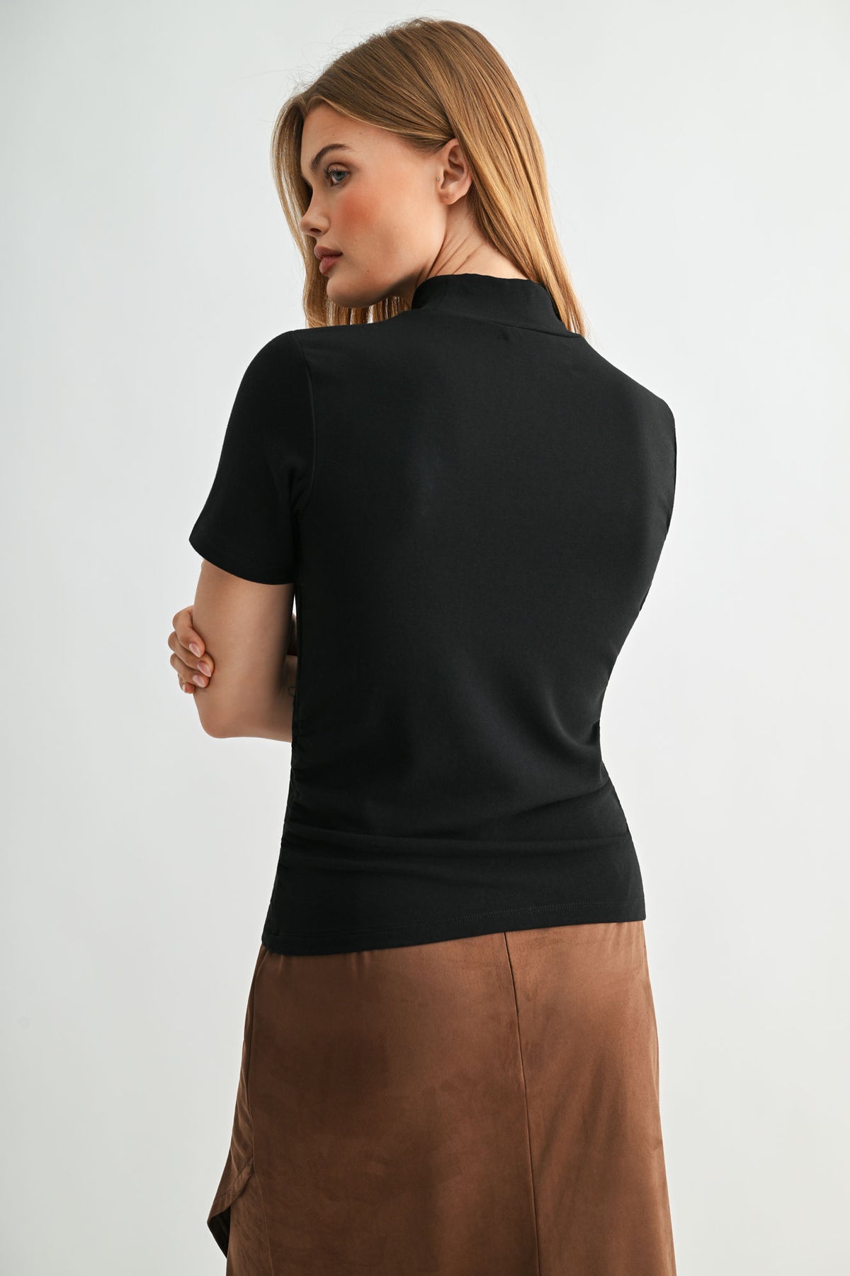 Black Petite Short Sleeve Mock Neck Top