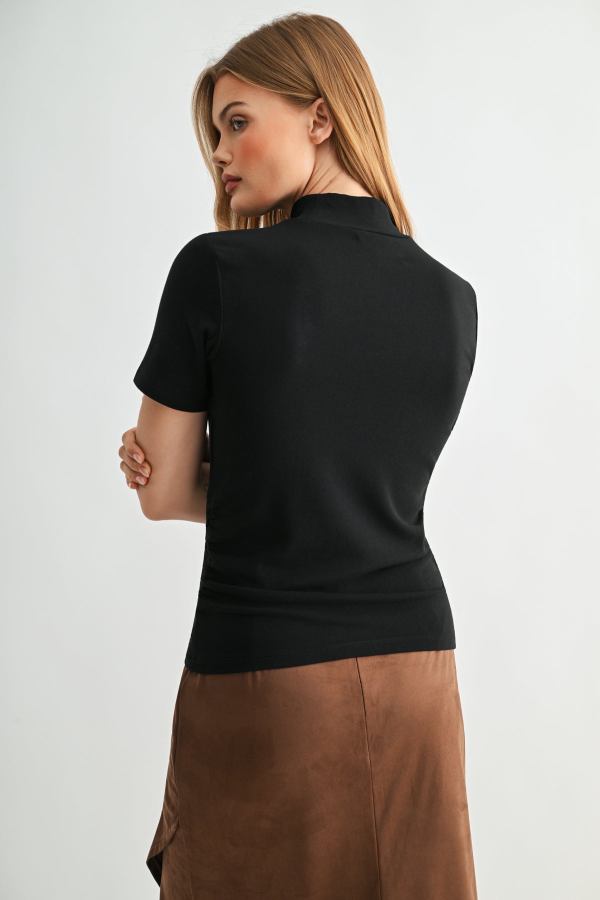 Black Petite Short Sleeve Mock Neck Top
