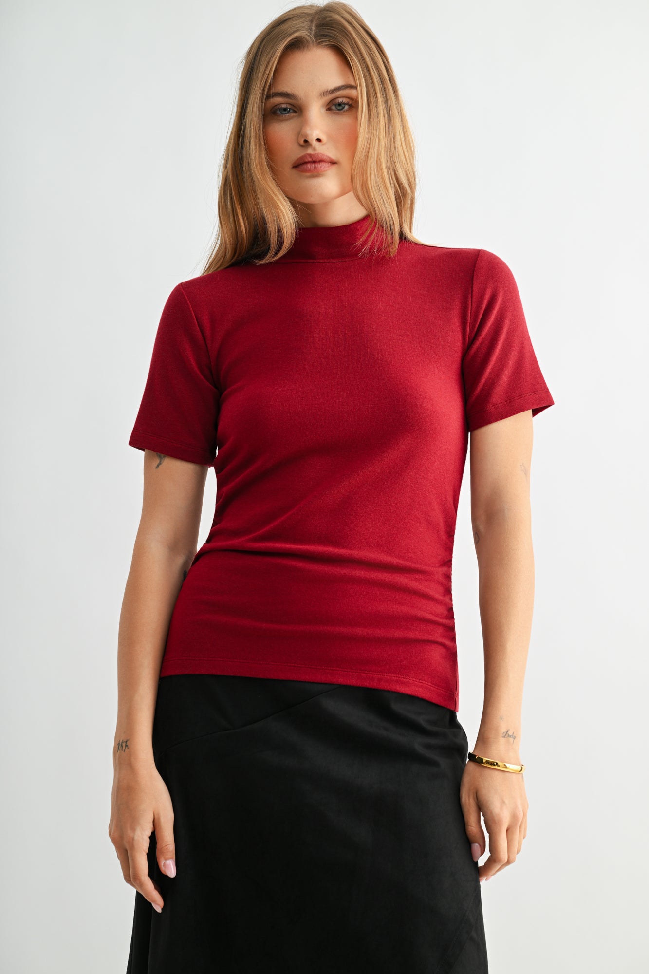 Cherry Short Sleeve Mock Neck Top