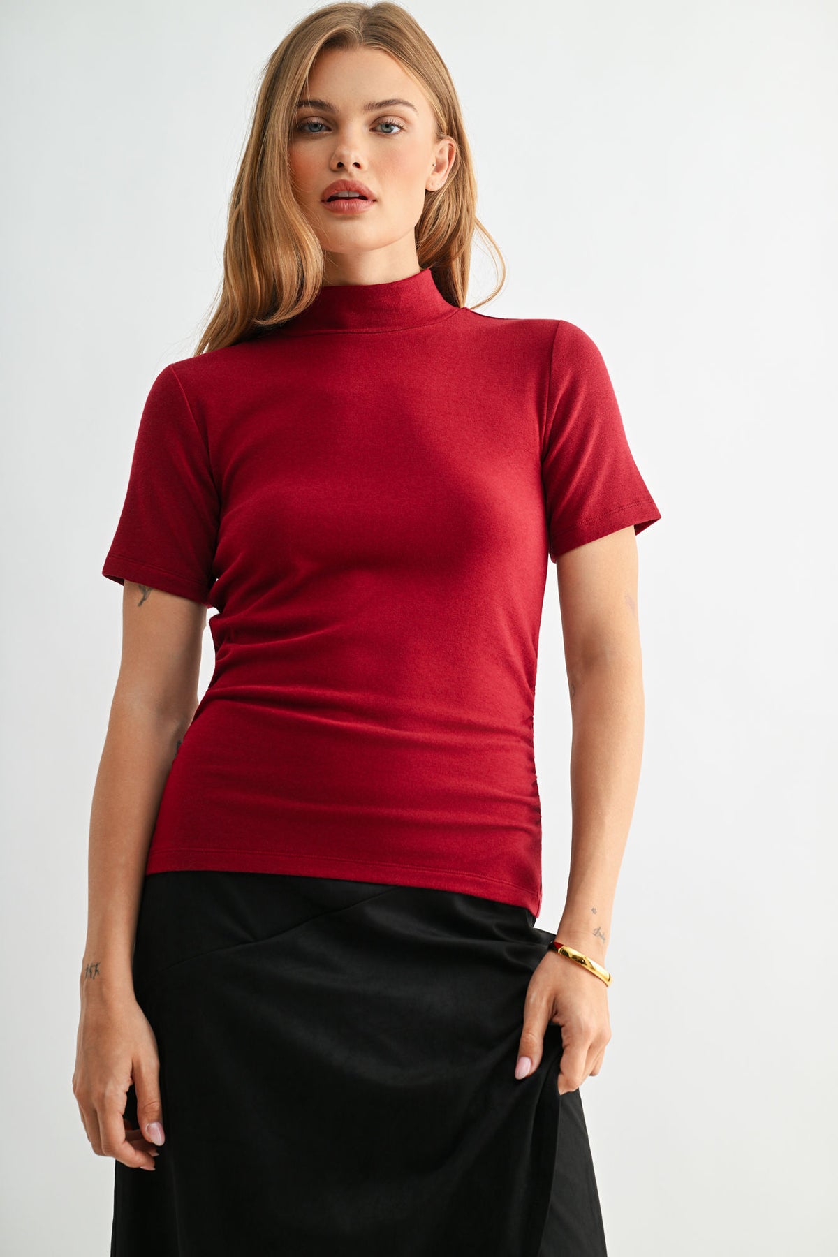 Cherry Petite Short Sleeve Mock Neck Top