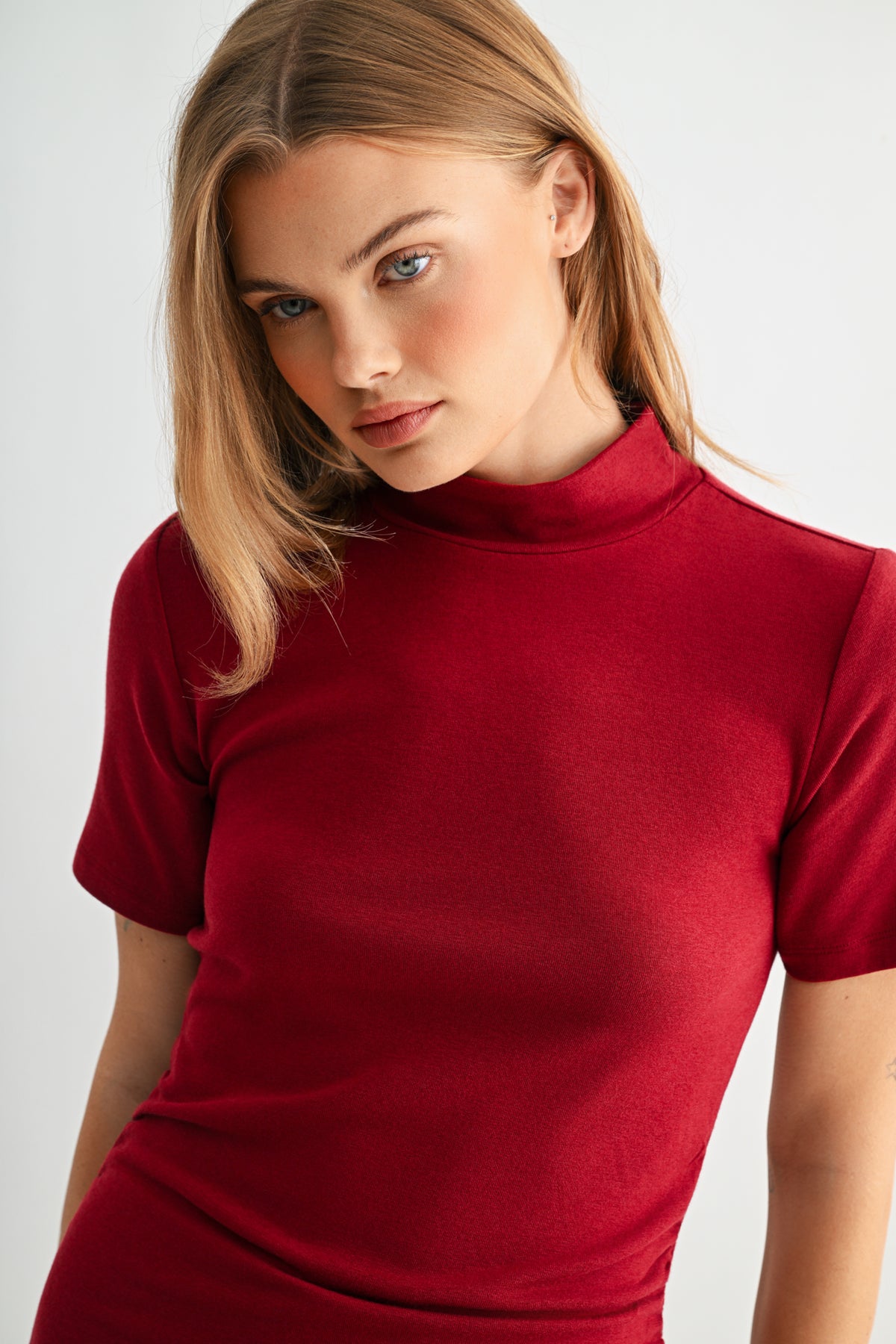 Cherry Petite Short Sleeve Mock Neck Top