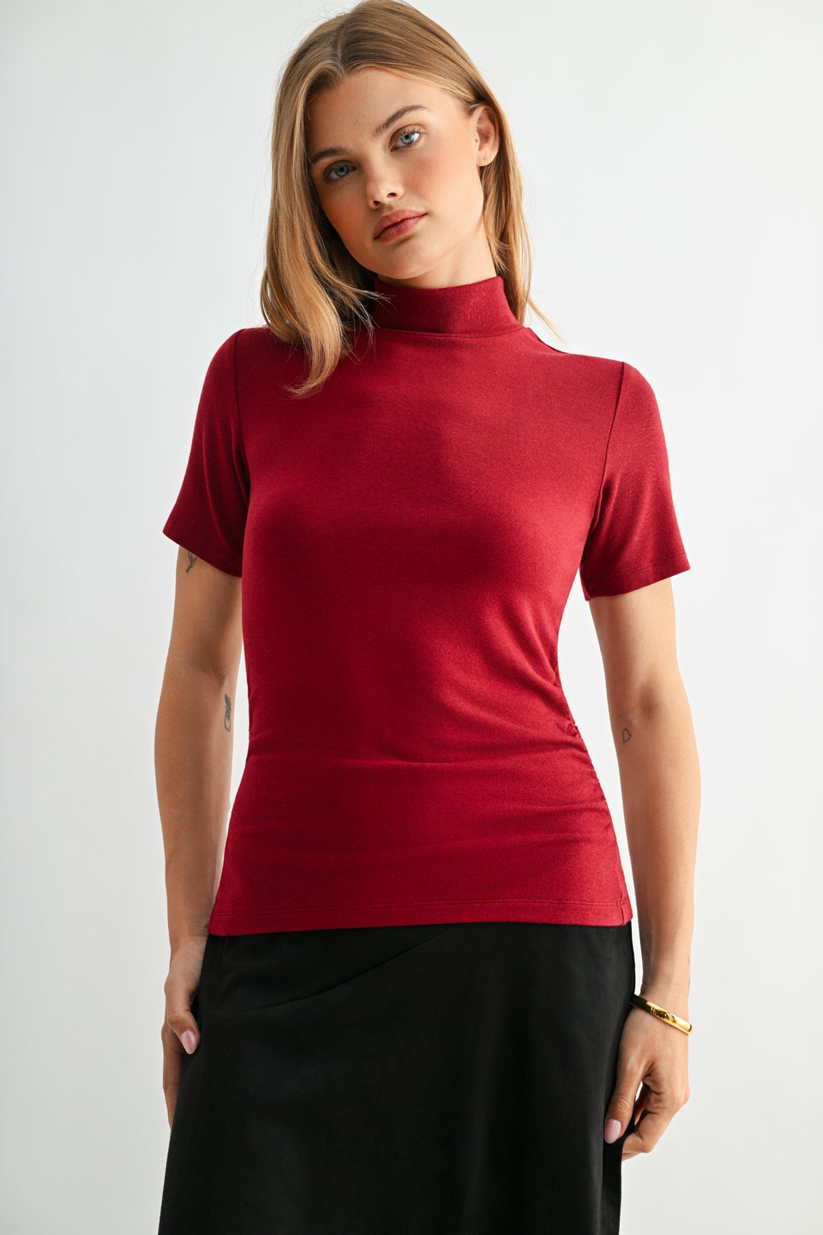 Cherry Petite Short Sleeve Mock Neck Top