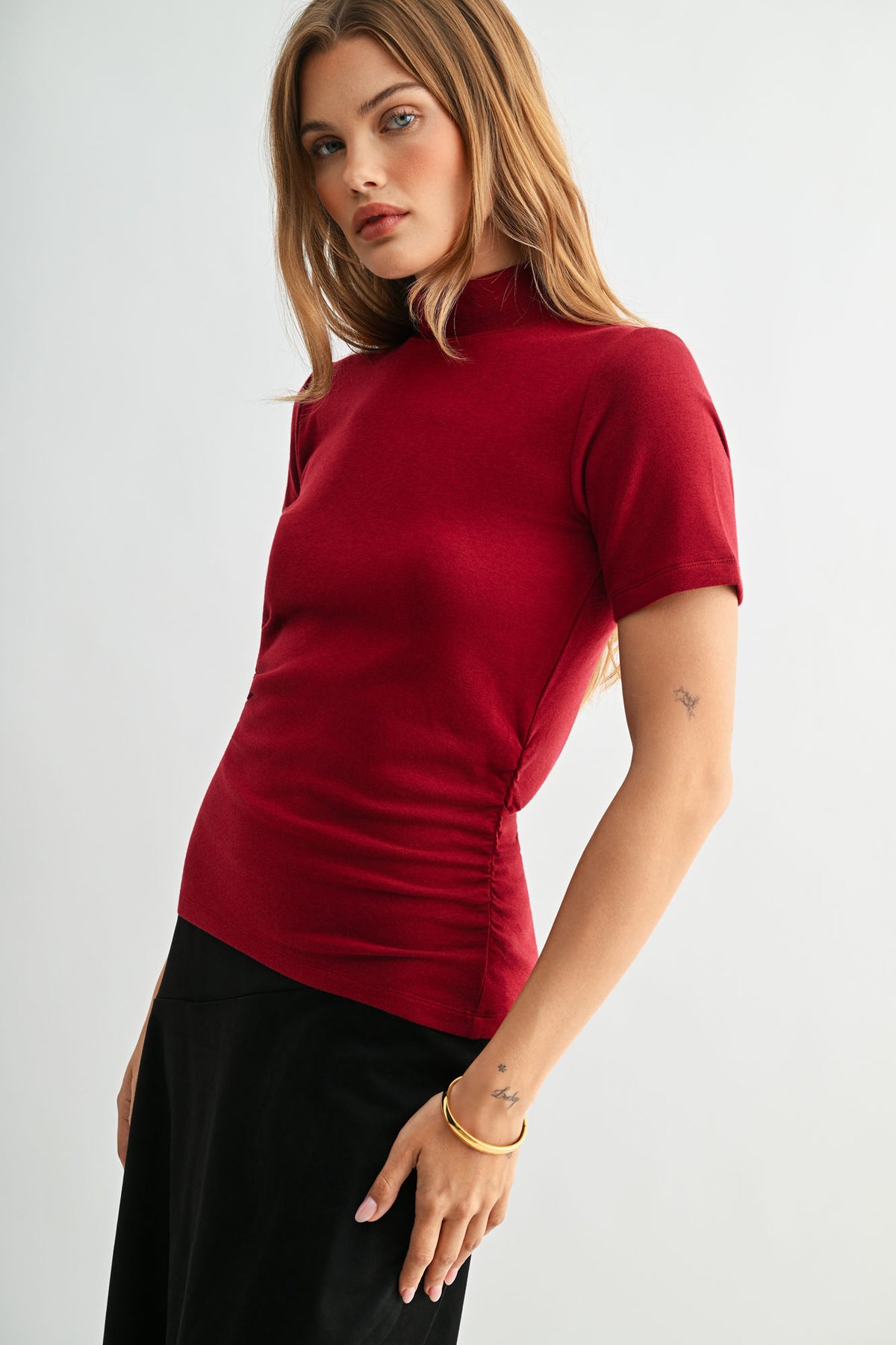 Cherry Petite Short Sleeve Mock Neck Top