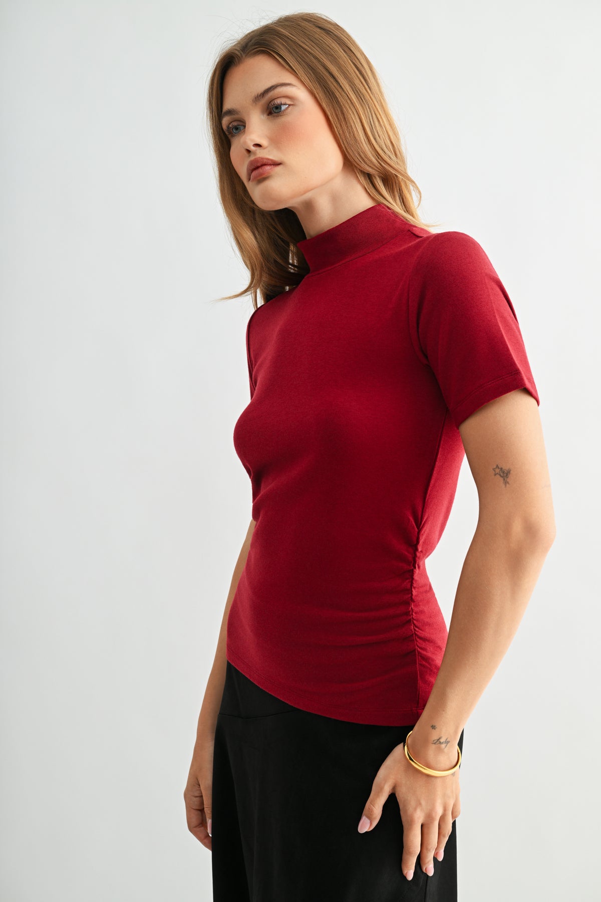 Cherry Petite Short Sleeve Mock Neck Top