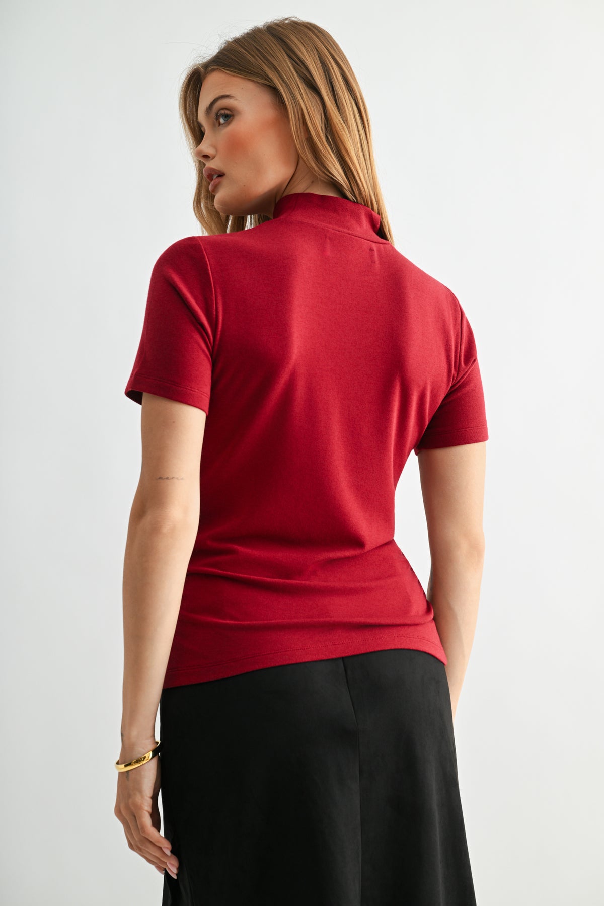 Cherry Petite Short Sleeve Mock Neck Top
