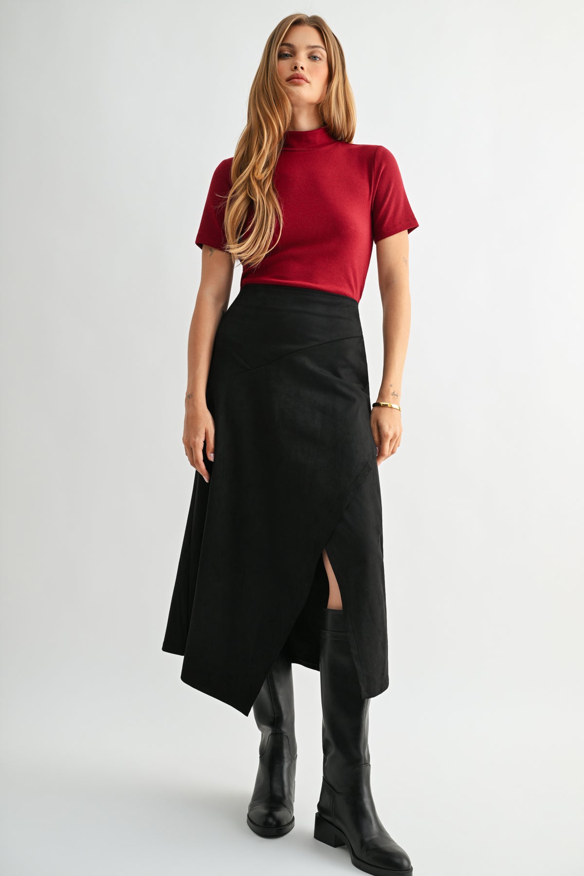 Cherry Petite Short Sleeve Mock Neck Top