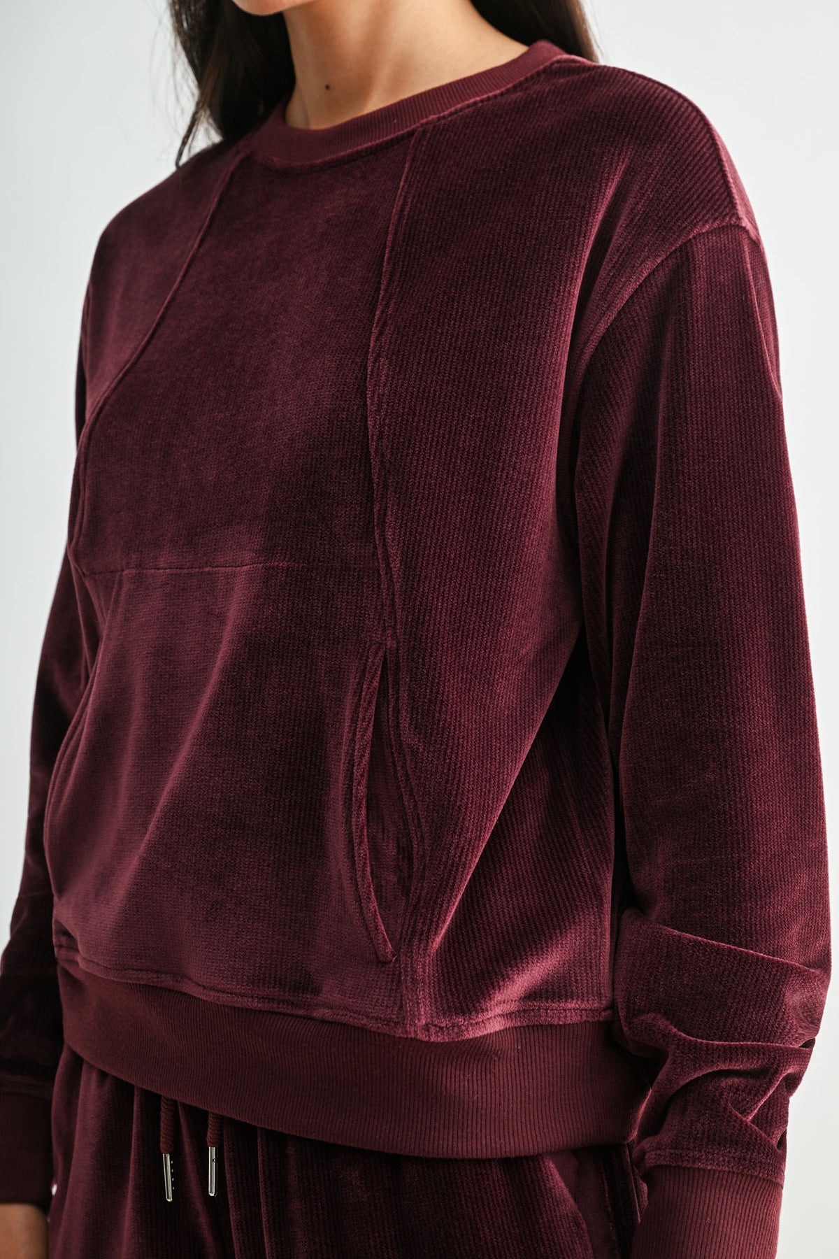 Burgundy Plus-Size Long Sleeve Seamed Sweatshirt